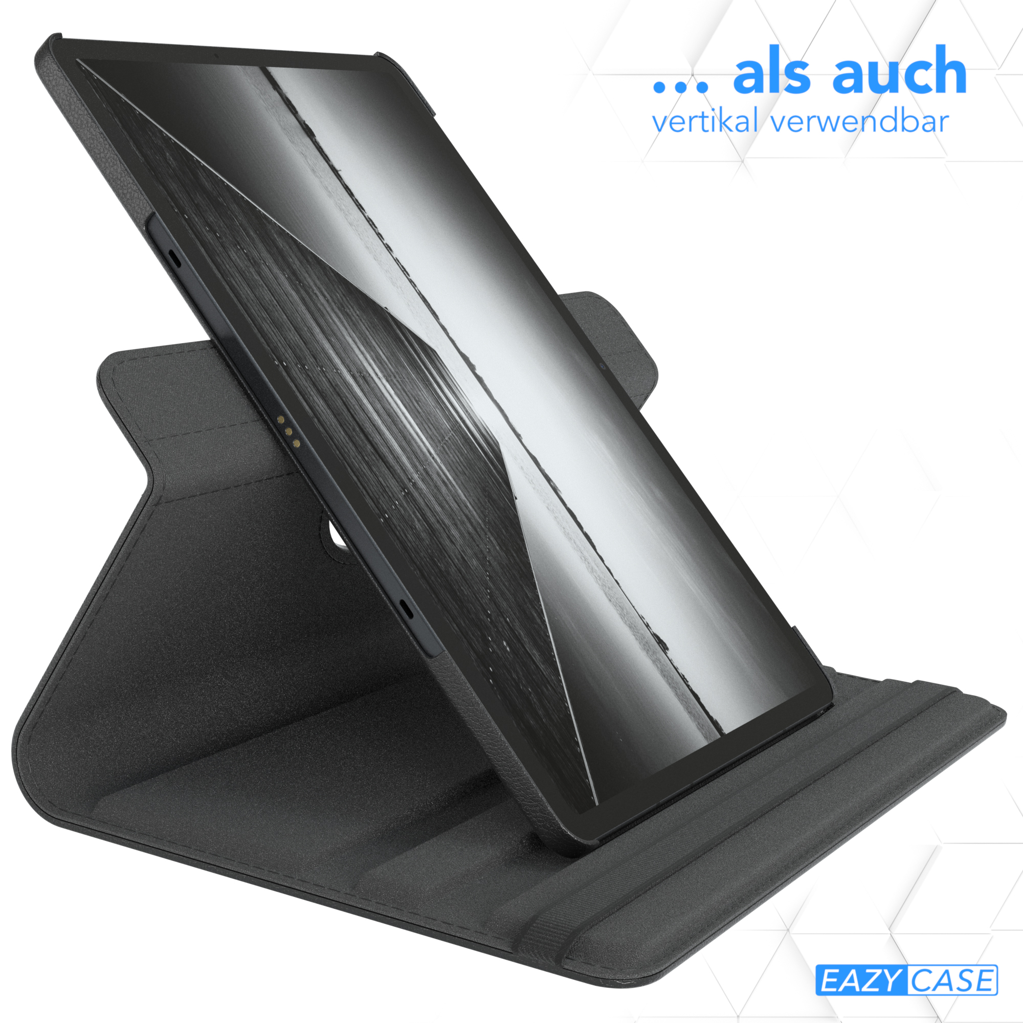 Ein Tablet in schwarzer Hülle, auf einem Ständer aufgestellt. Text: '... auch vertikal verwendbar'.
