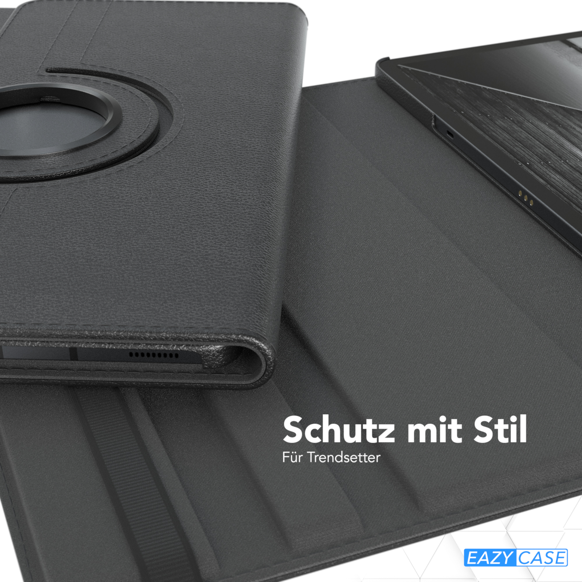 Schwarze Tablet-Hülle, geöffnet. Der Tablet-Bildschirm ist sichtbar. Produkttext unten.