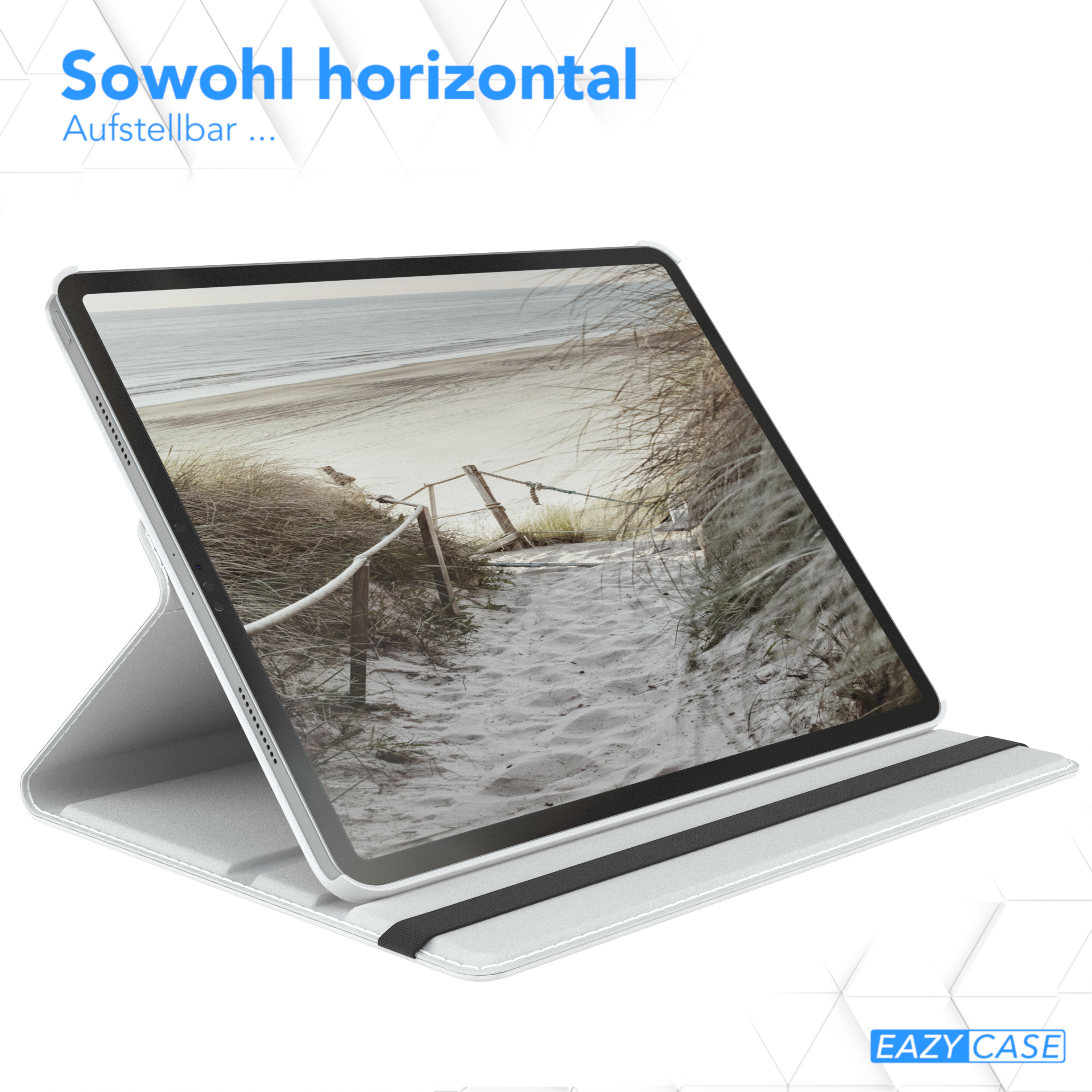 Weiß-graue Tablet-Hülle auf einer Strandszene. Das Tablet ist auf der Hülle aufgestellt.