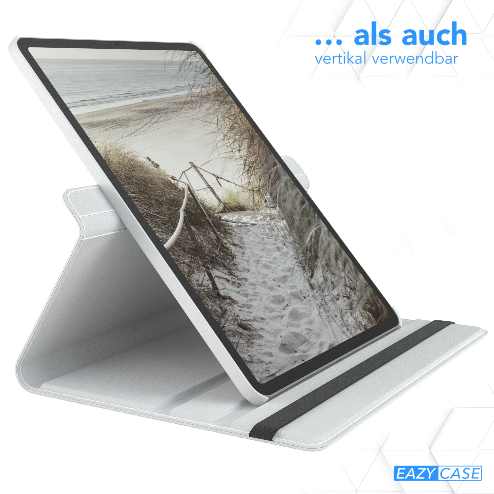 Tablet im Ständer. Tablet in einem grauen Ständer, vertikal verwendbar.