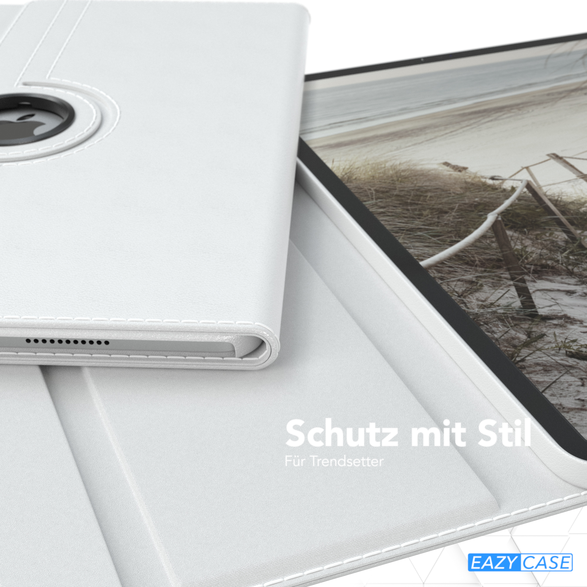 Eine weiße Tablethülle, geöffnet, um ein Tablet zu zeigen. Text: 'Schutz mit Stil' und 'EAZY CASE'.