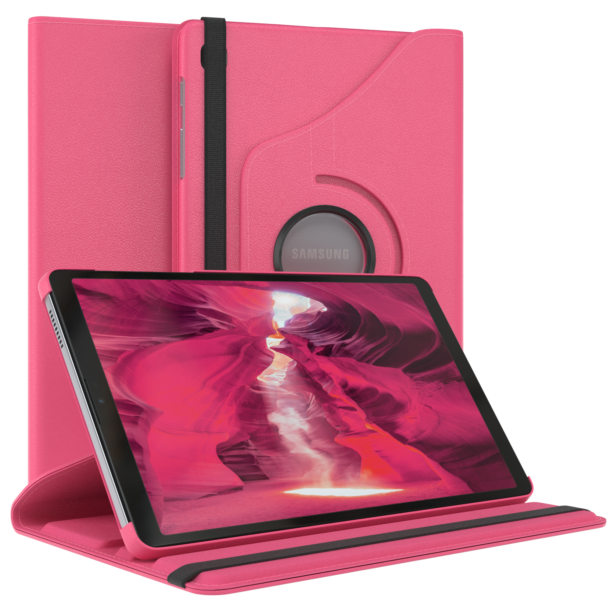 Rosa Tablethülle, Tablet mit Canyon-Bild. Schwarze Riemendetails.