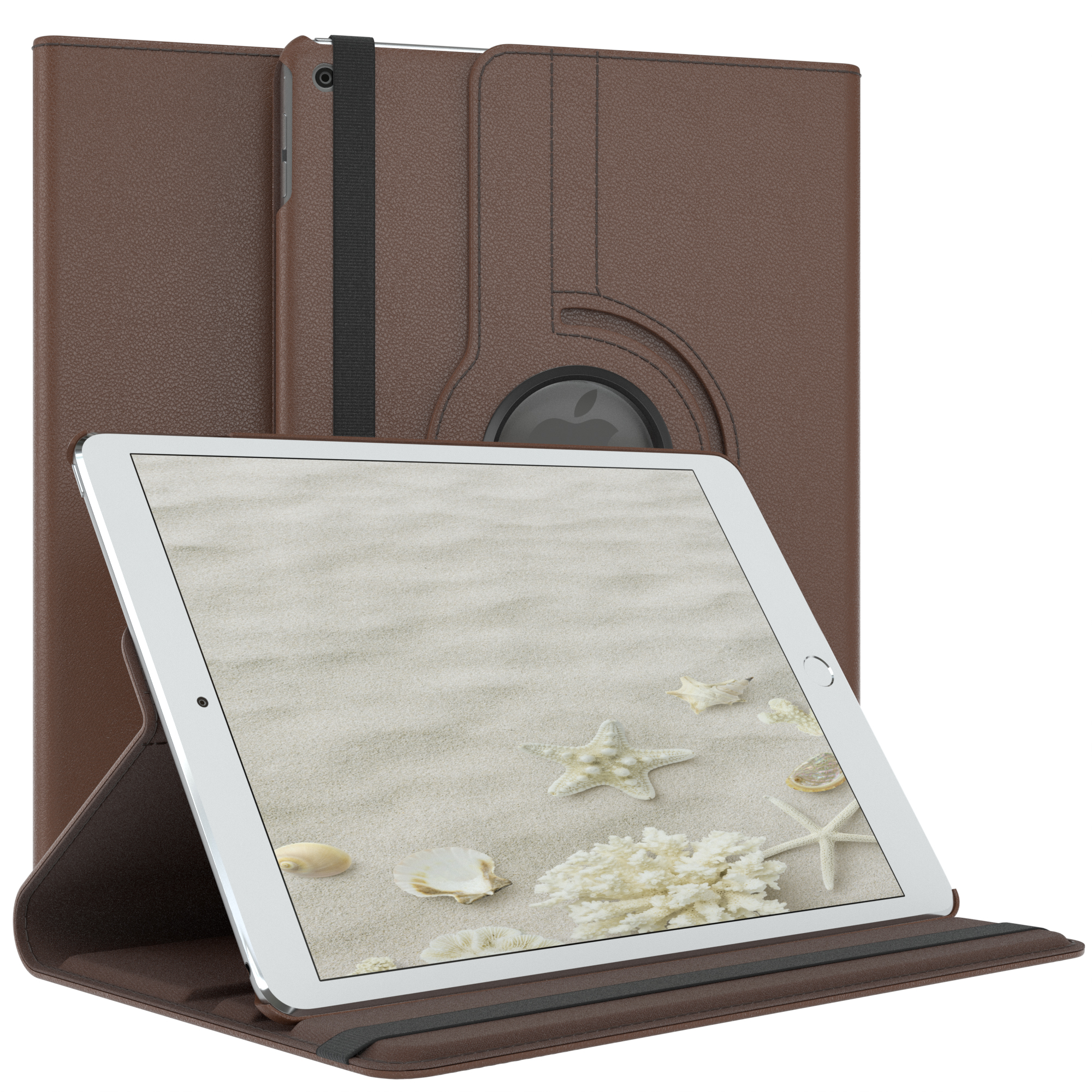 Braune Tablet-Hülle mit Tablet, das eine Strandszene zeigt. Weißer Hintergrund.