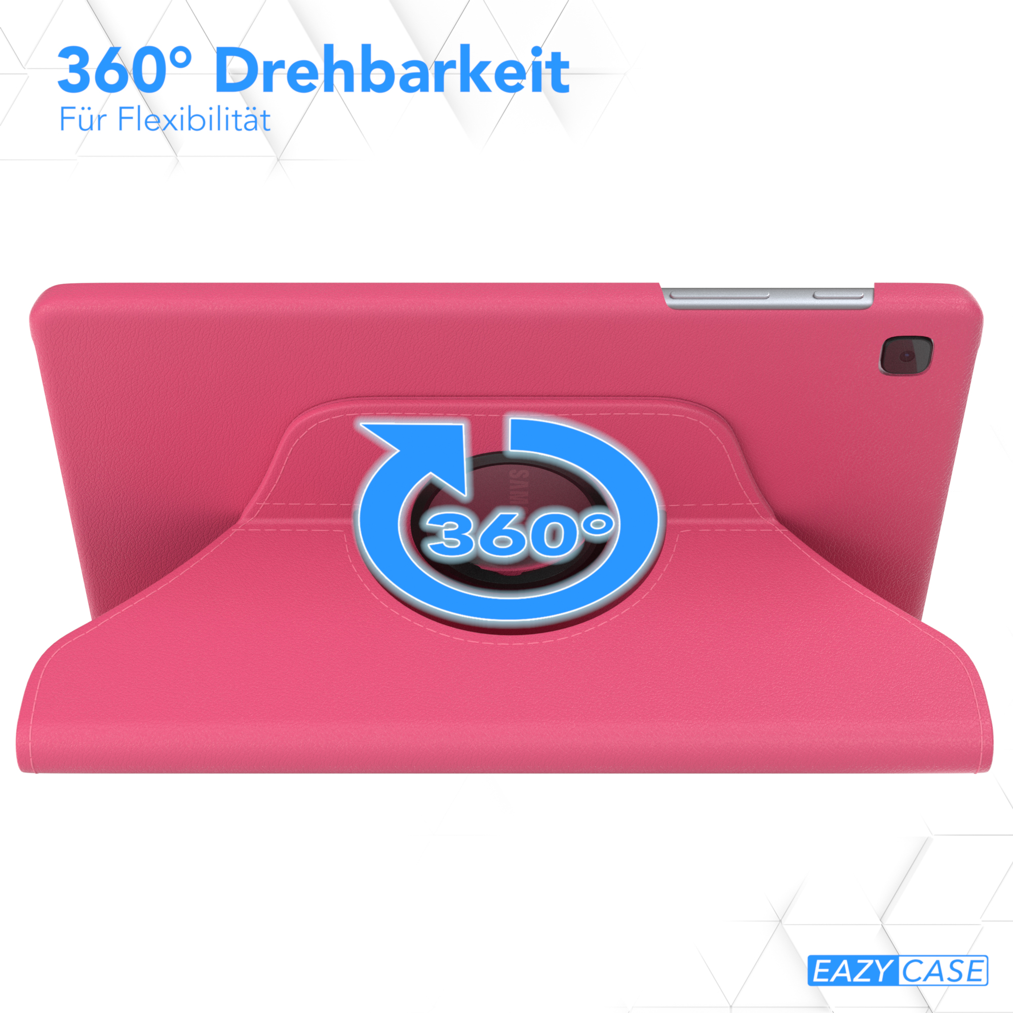 Rosa Tablet in drehbarem rosa Gehäuse mit 360-Grad-Drehsymbol.