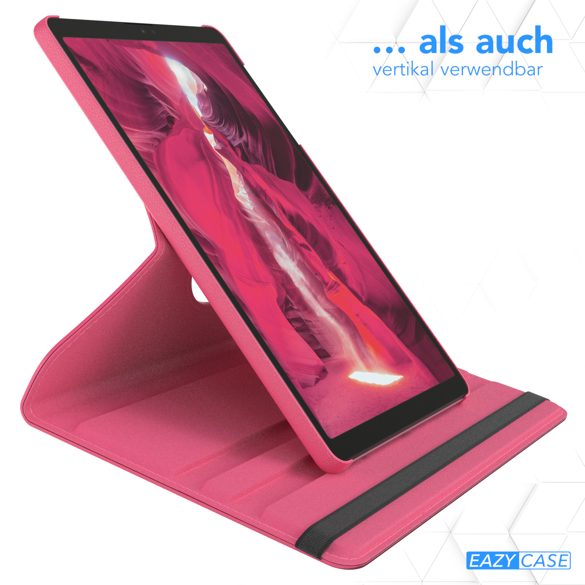 Ein rosa Tablet in einer rosa Hülle, abgewinkelt, das den Bildschirm zeigt. Die Hülle ist offen, die das Tablet stützt.