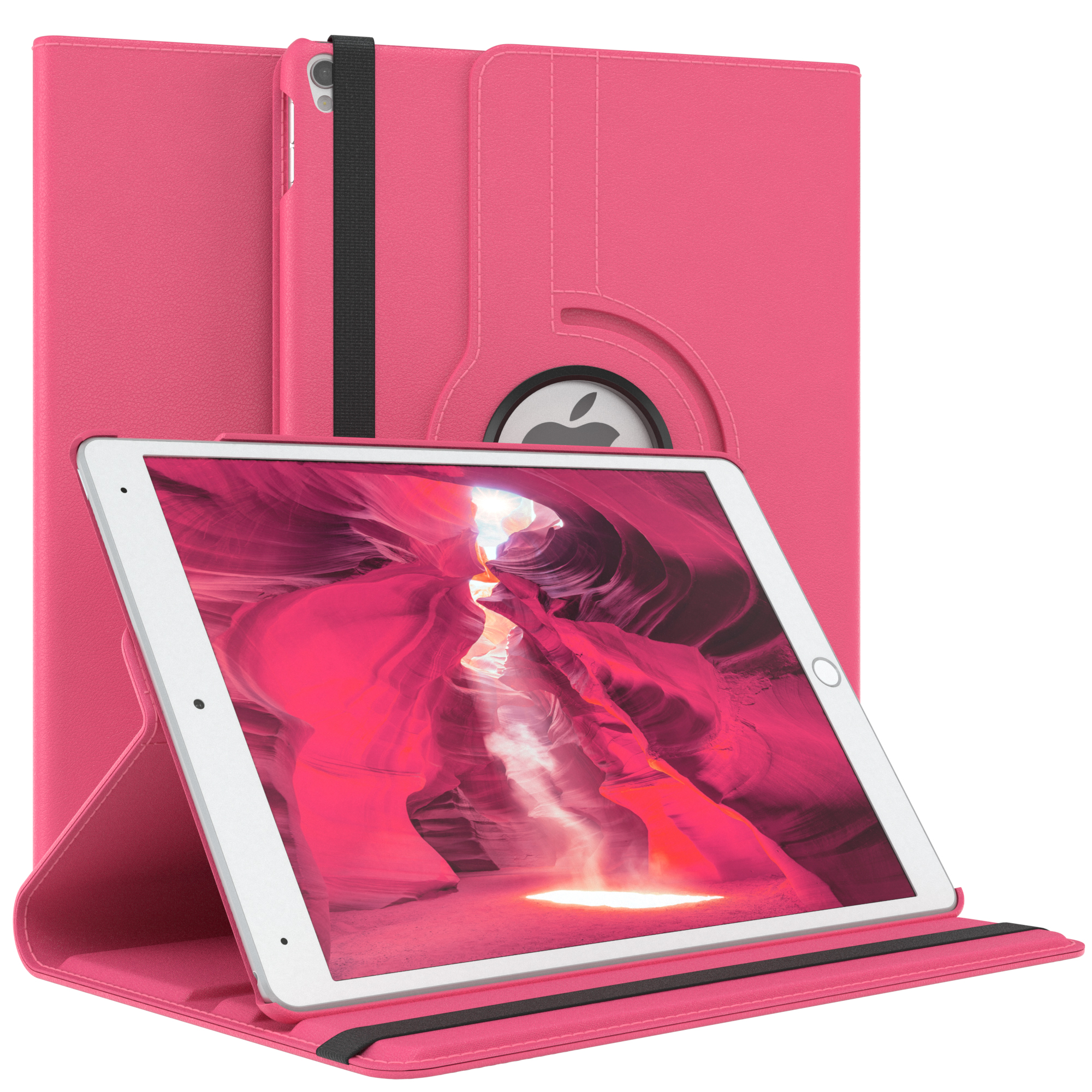 Ein rosa Tablet in einer rosa Hülle, offen und angewinkelt. Der Bildschirm des Tablets zeigt eine canyonartige Landschaft.