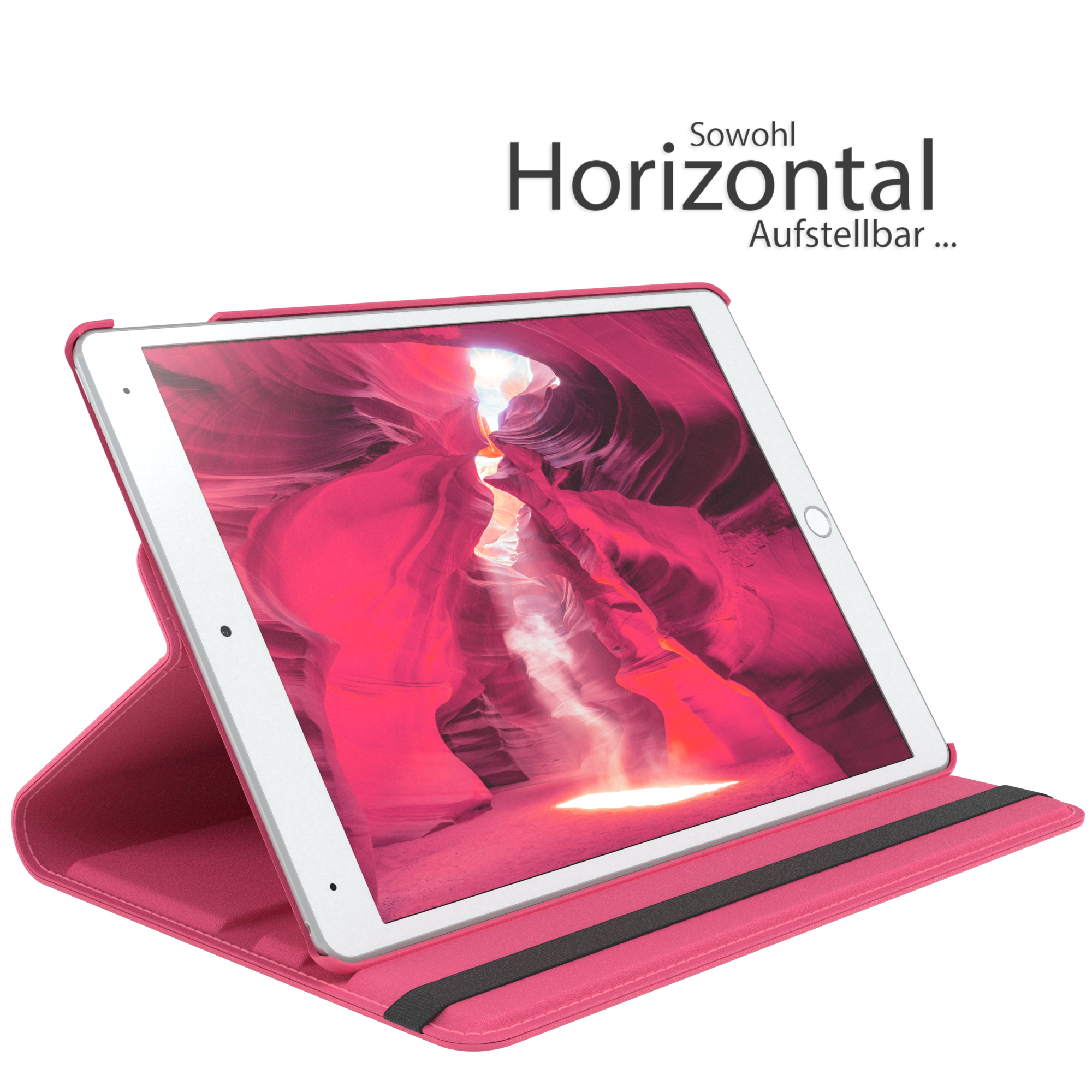 Rosa Tablet in rosa Hülle, angewinkelt. Der Bildschirm zeigt eine rosa Schlucht. Text sagt 'Horizontal'.