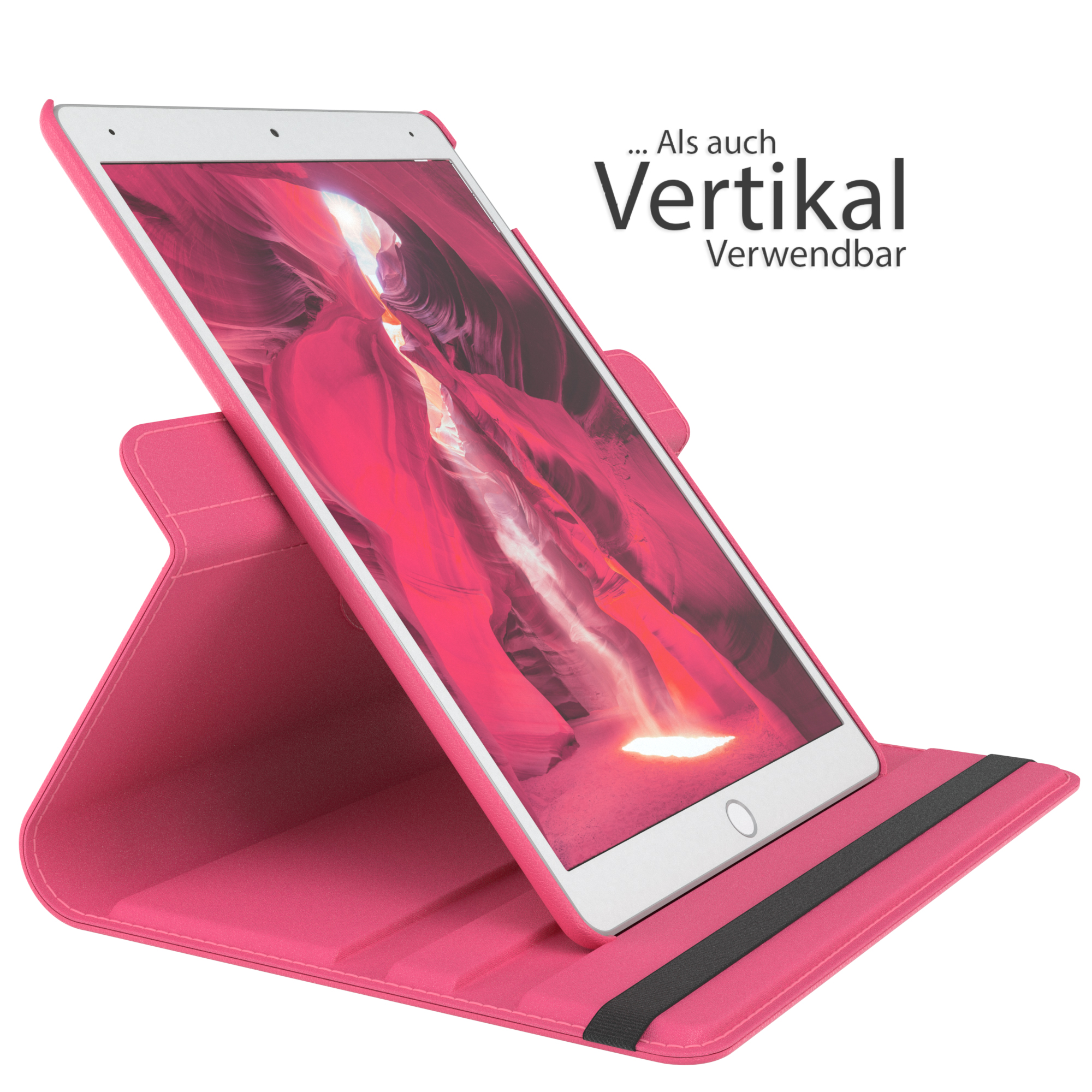 Eine rosa Tablethülle mit einem geöffneten Tablet ist sichtbar.