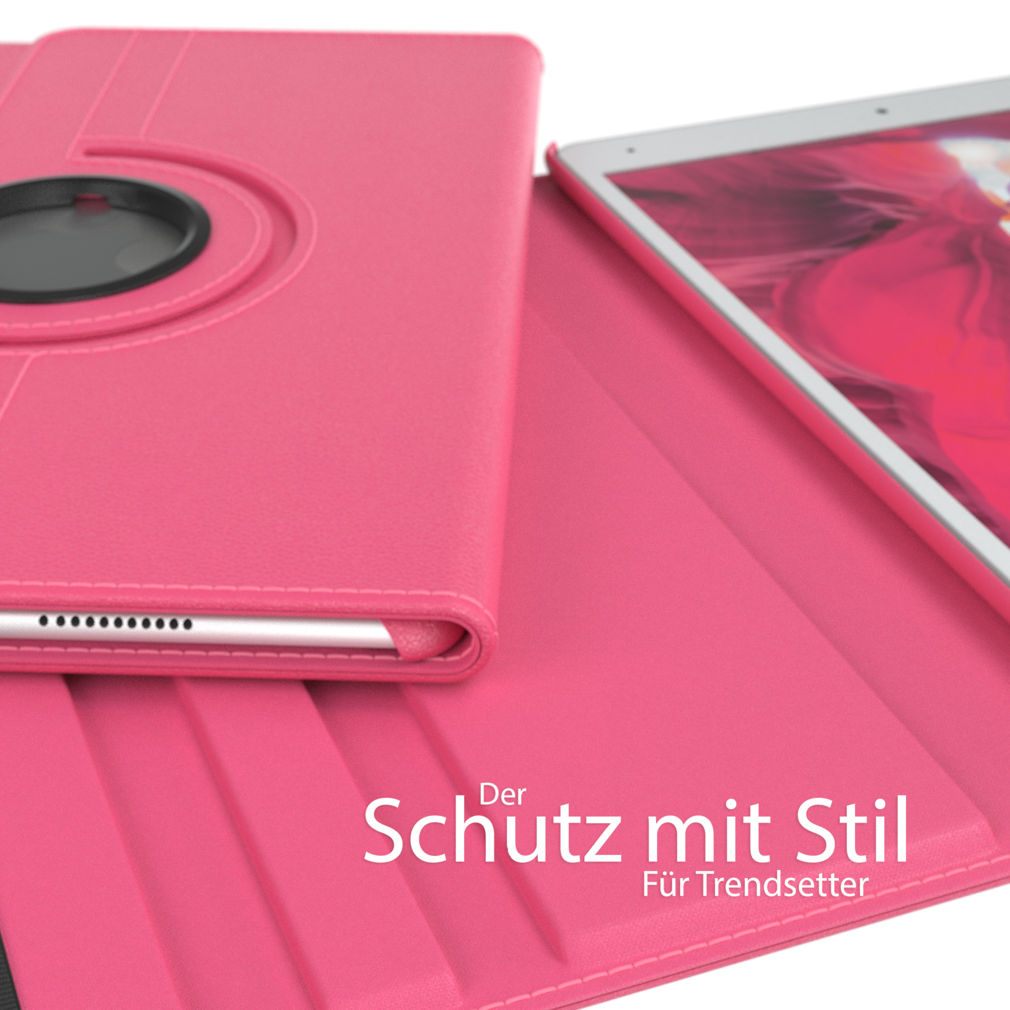 Eine rosa Tablethülle mit dem Text 'Schutz mit Stil' und einem teilweise sichtbaren Tablet.