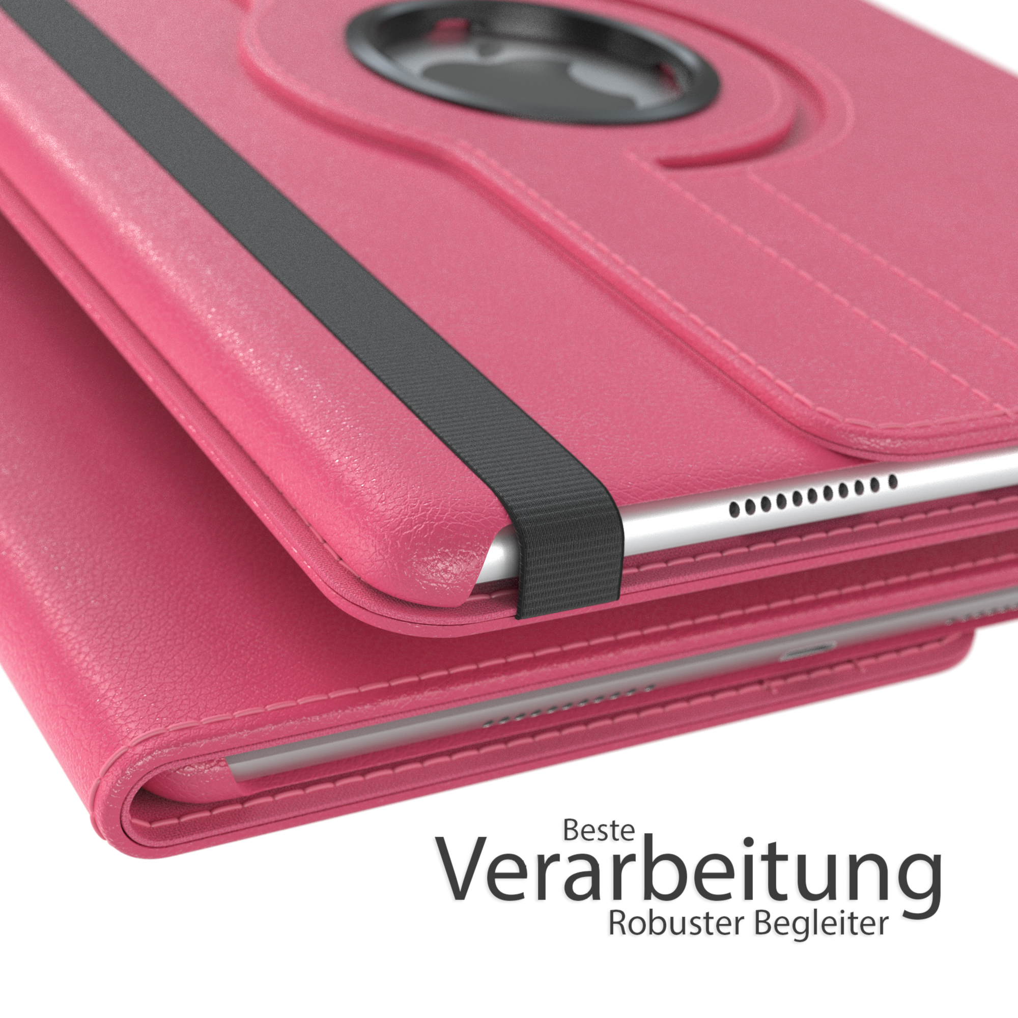 Eine rosa Tablet-Hülle mit schwarzem Riemen und Drehfunktion. Die Hülle ist aufgeklappt.