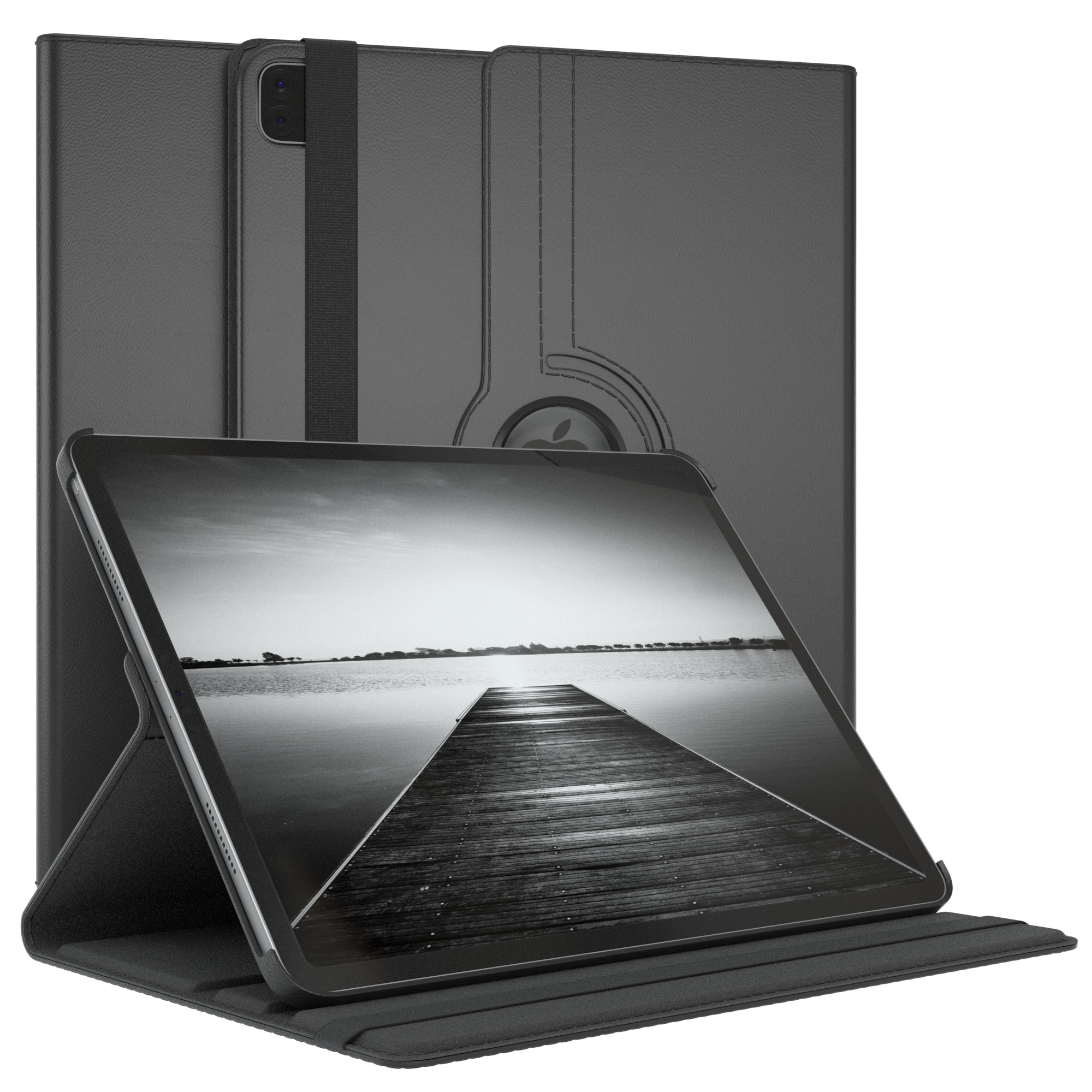 Schwarzes Tablet in einer Hülle, mit schwarzem Riemen. Das Tablet zeigt eine Dock-Ansicht, mit einer Brücke.