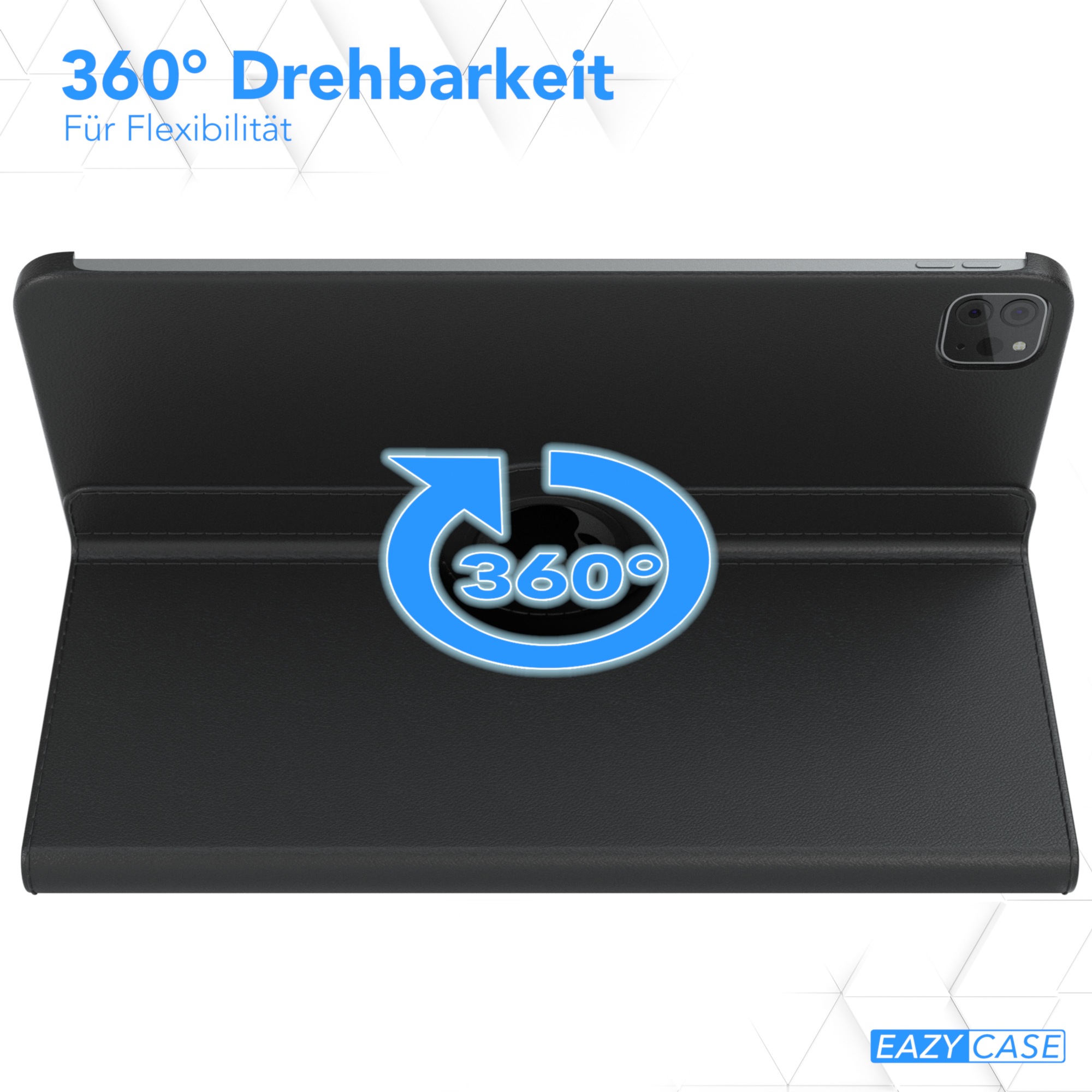 Eine schwarze Tablet-Hülle. Der Text '360° Drehbarkeit' ist geschrieben. Das Gehäuse hat ein 360° Design.