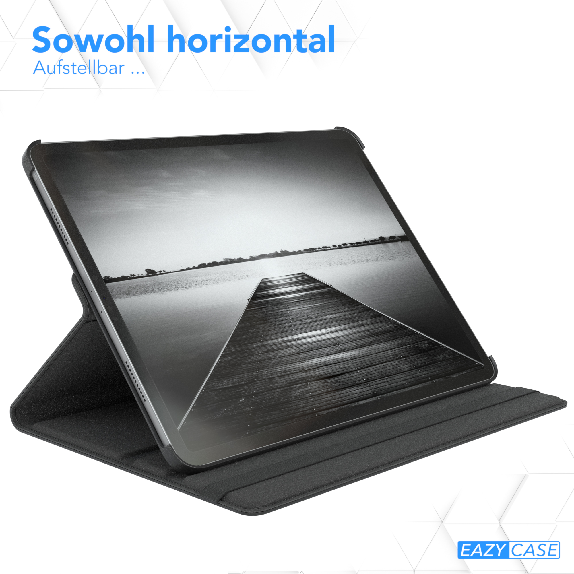 Schwarzes Tablet in schwarzem Gehäuse mit Schwarzweißfoto eines Piers.