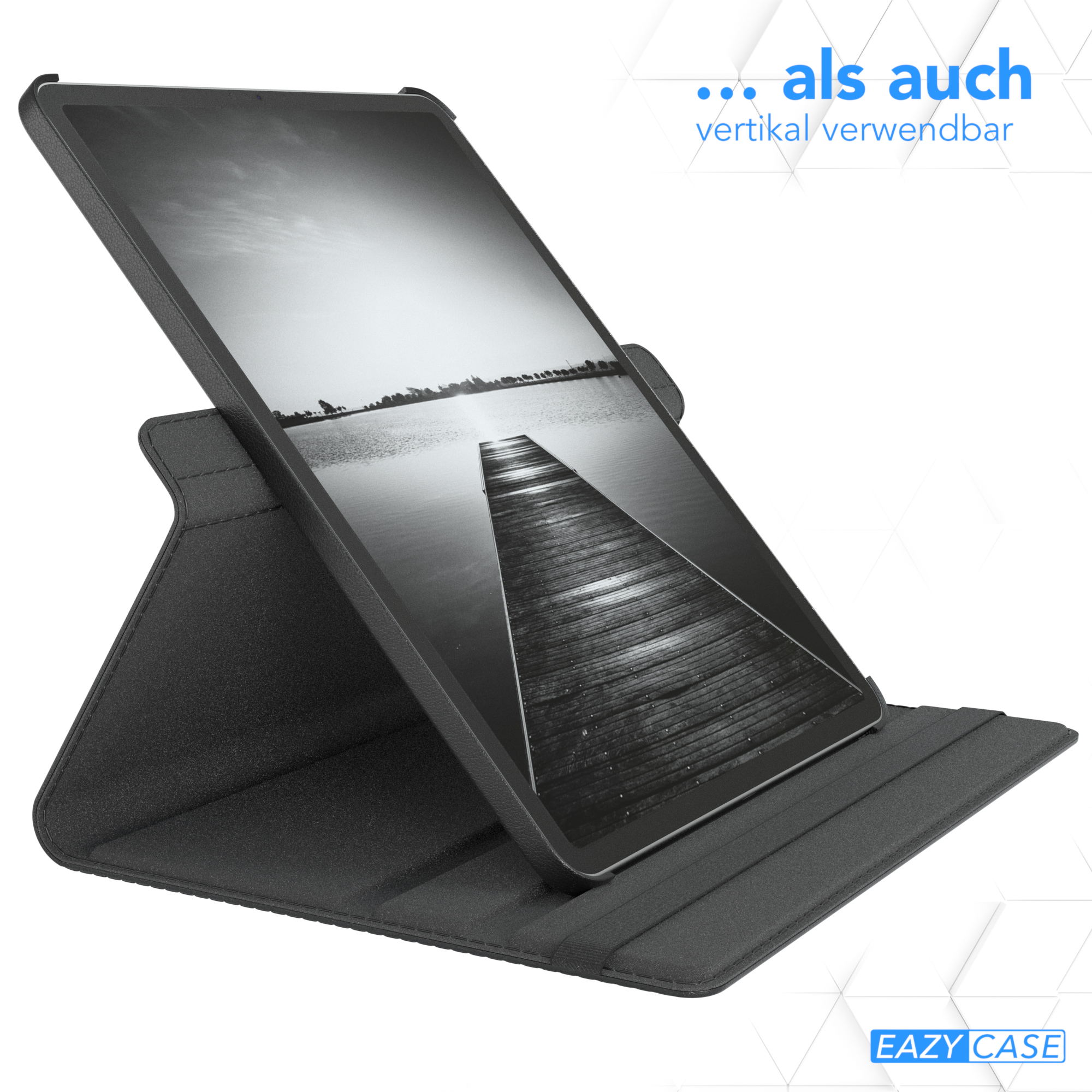 Schwarzes Tablet in einer schwarzen Hülle, Querformat, auf einem Ständer positioniert.