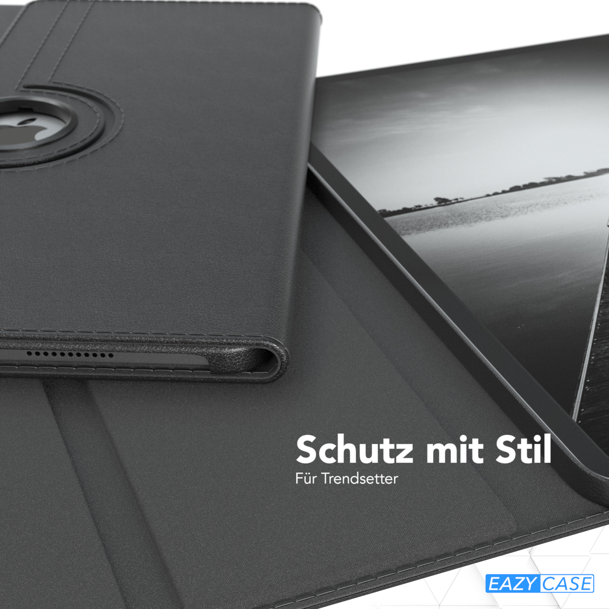 Schwarze Tablethülle. Der Bildschirm zeigt ein Schwarz-Weiß-Bild. Die Abdeckung ist geschlossen.