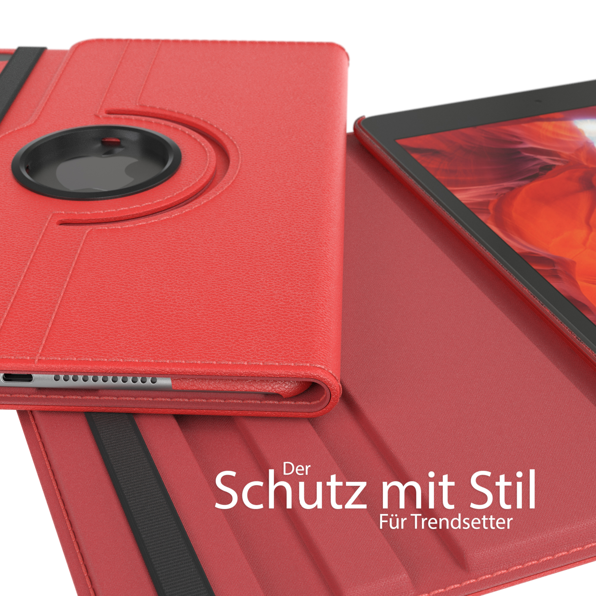 Rote Tablet-Hülle, schwarzer Gummizug, das Tablet befindet sich in der Hülle, roter Hintergrund.
