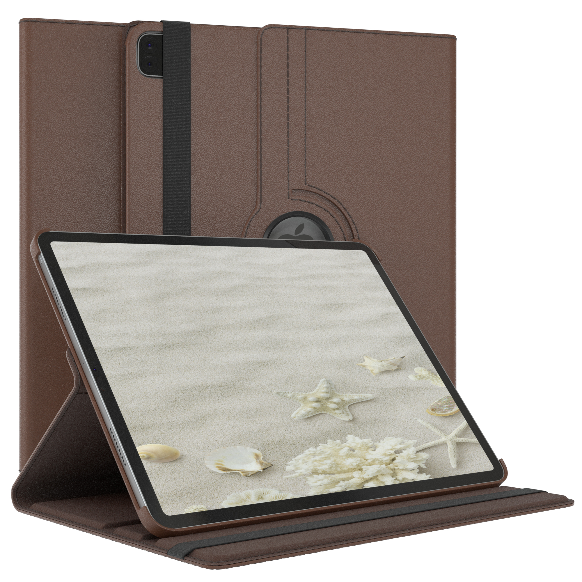 Braune Tablet-Hülle mit Tablet, das Sand, Seesterne, Muscheln und Korallen zeigt. Hintergrund.