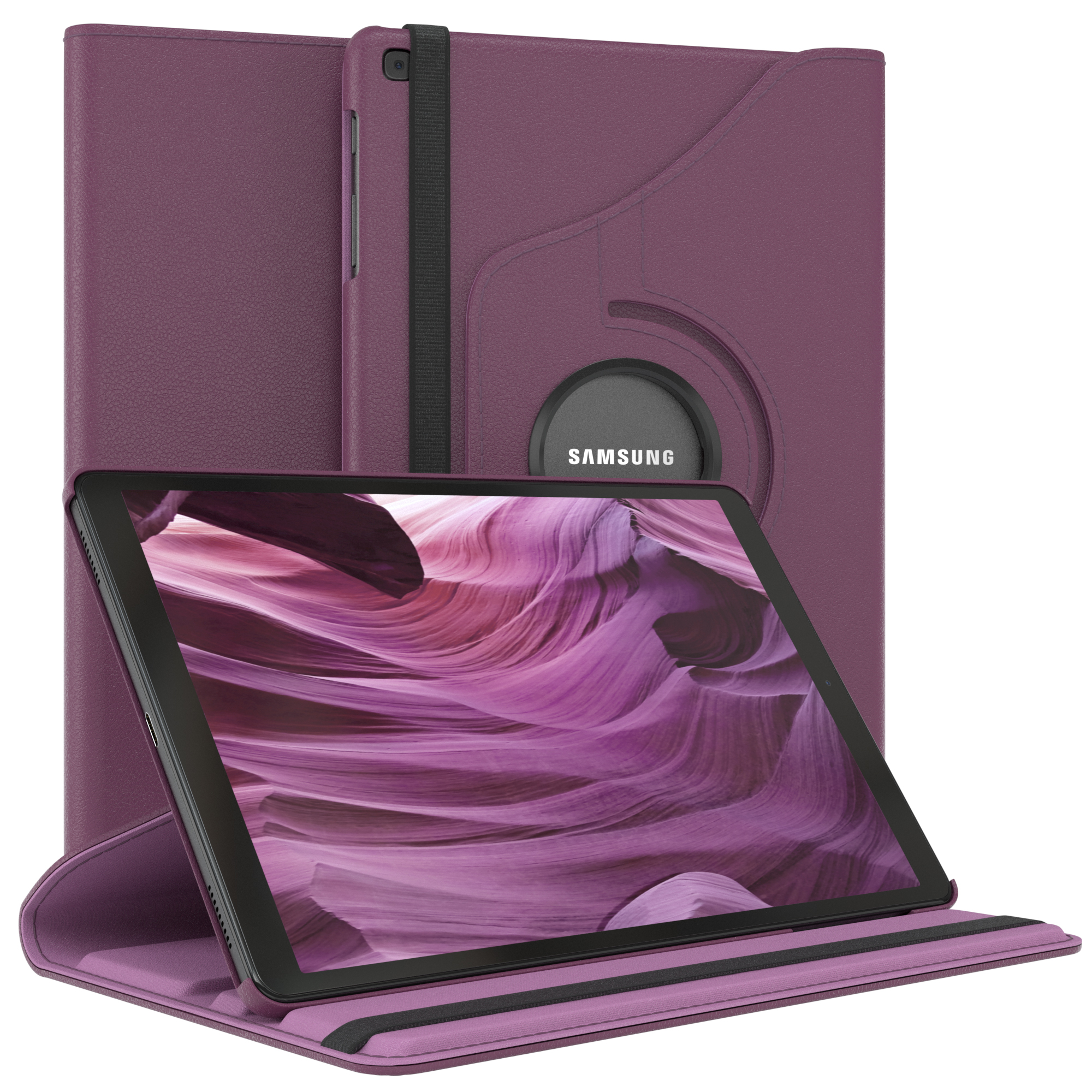 Tablet in lila Hülle, offen und aufrecht. Hintergrund zeigt eine Schluchtlandschaft.