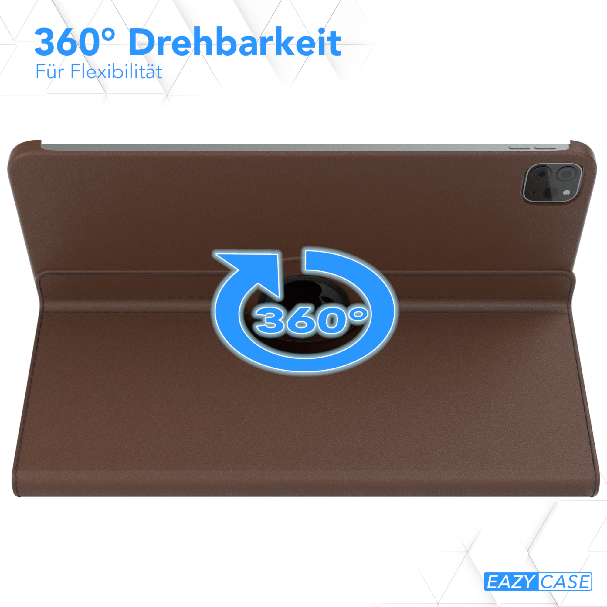 Ein braunes Tablet in einer Hülle. Der Bildschirm zeigt einen 360-Grad-Drehpfeil. Die Hülle hat EAZY CASE-Logo.