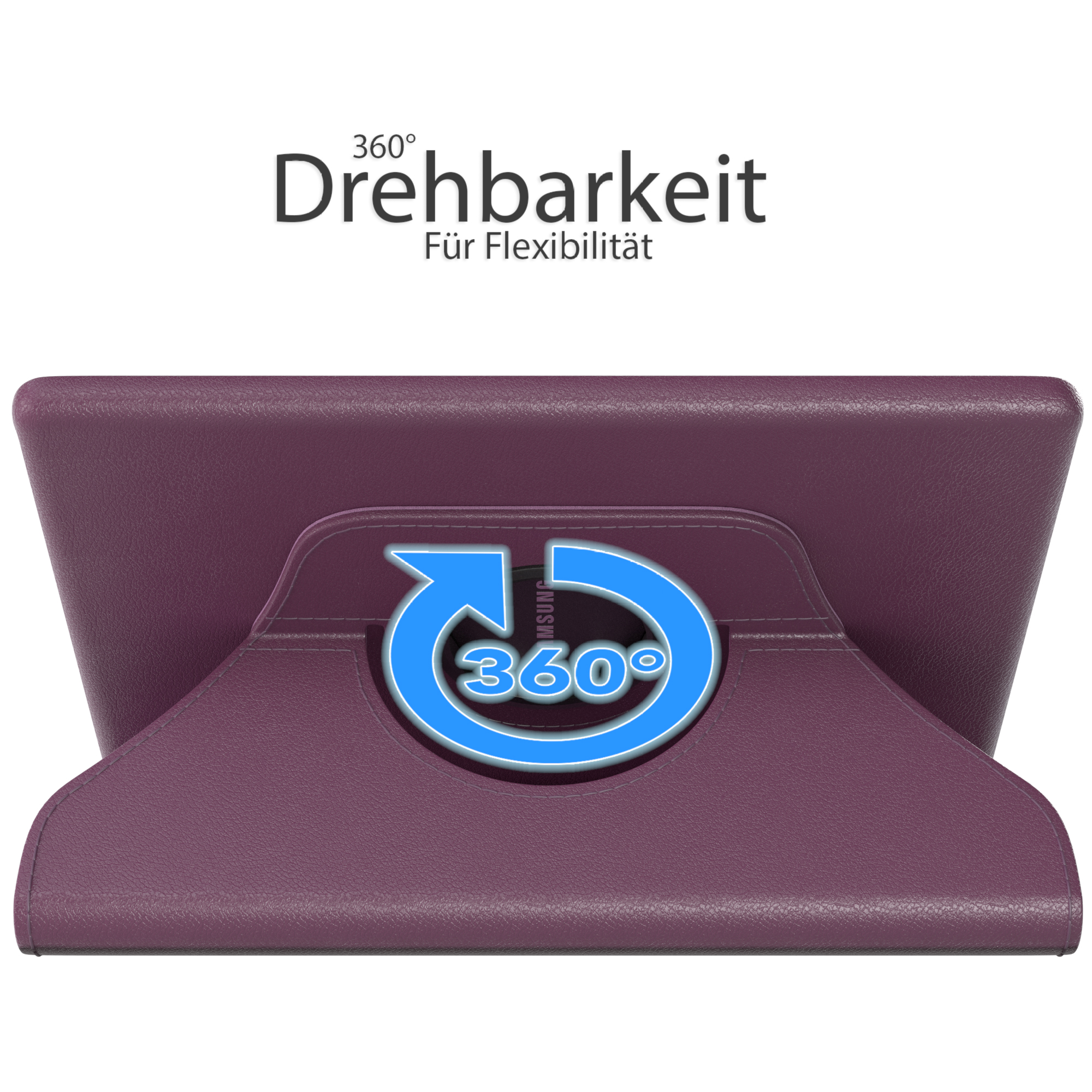 Lila Tablet-Hülle mit 360-Grad-Drehständer. Text oben: 360° Drehbarkeit.