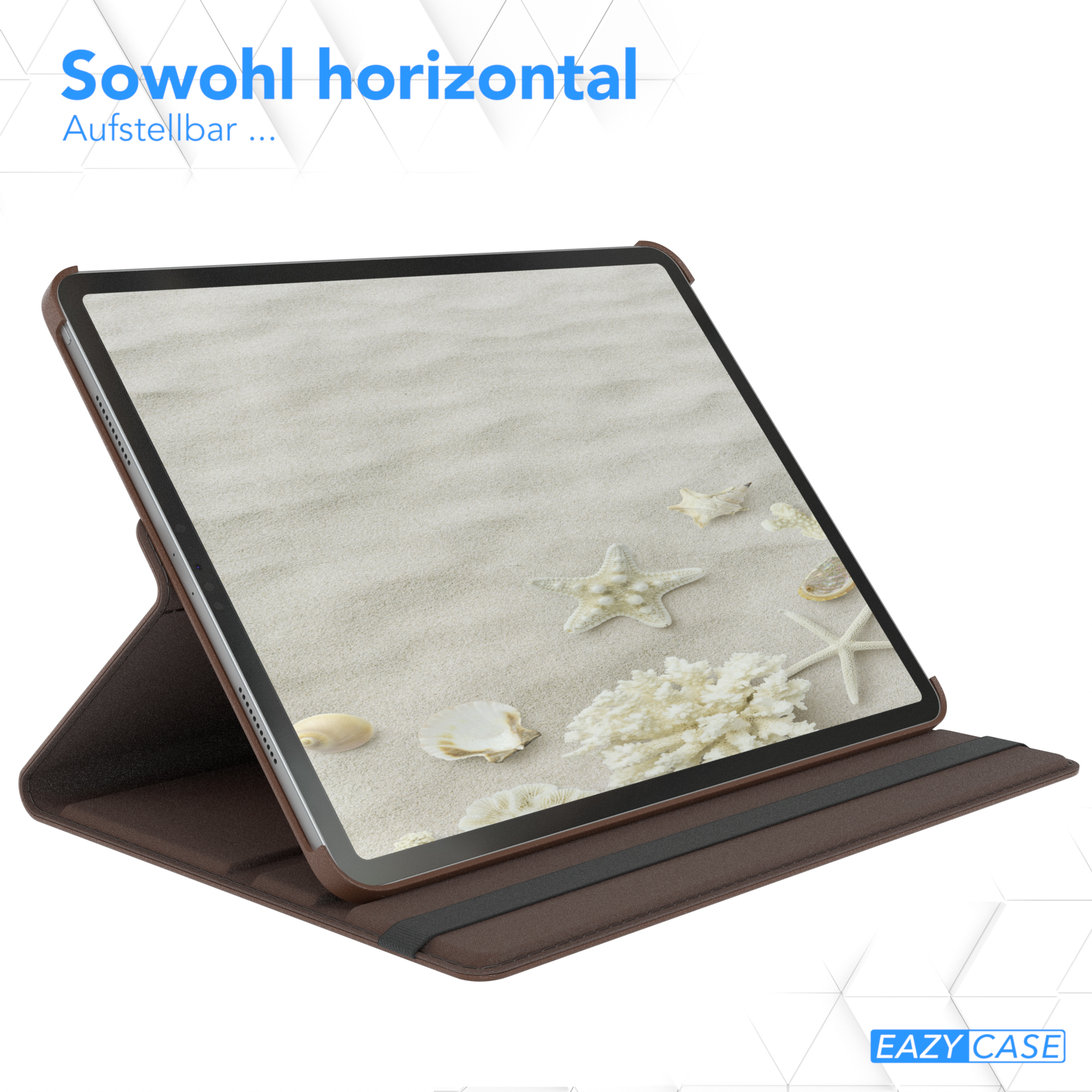 Tablet mit einer Strandszene auf dem Bildschirm, aufgeklappt. Das Case ist braun. Text: Horizontale Nutzung.