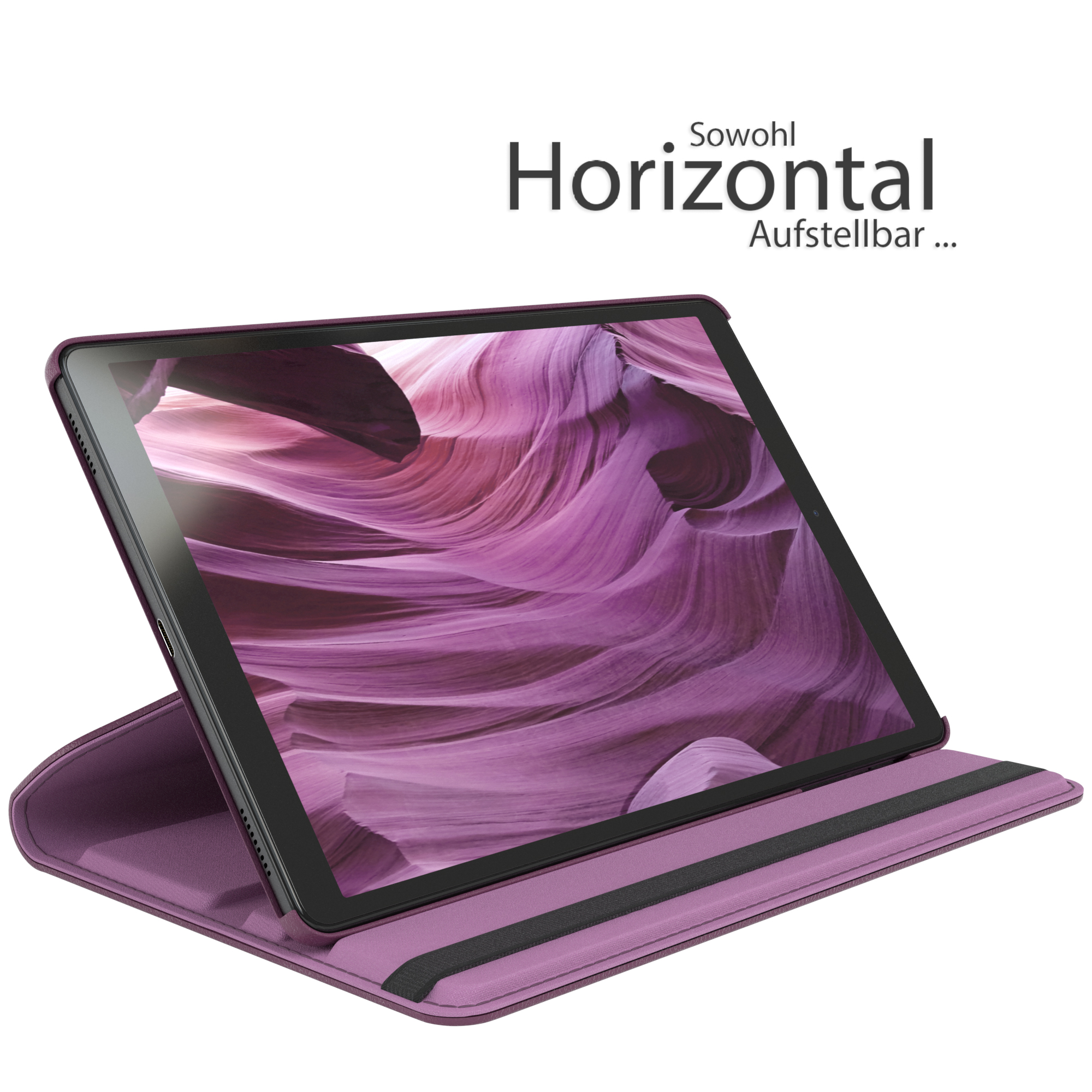 Tablet in einem Gehäuse. Das Gehäuse ist lila, mit dem Text 'Horizontal' und 'Aufstellbar'.