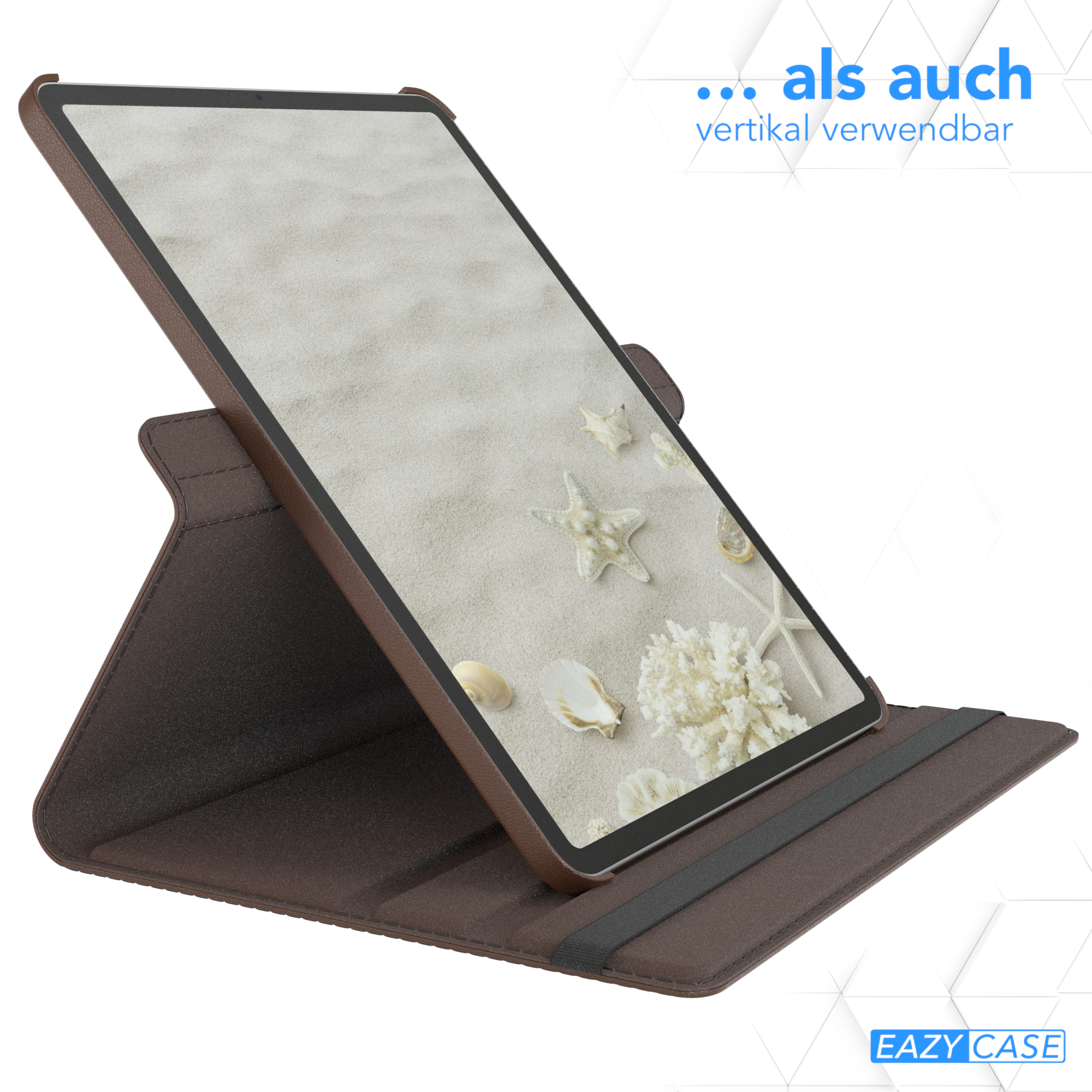 Tablet in einem braunen Ständer mit einem Naturbild auf dem Bildschirm.