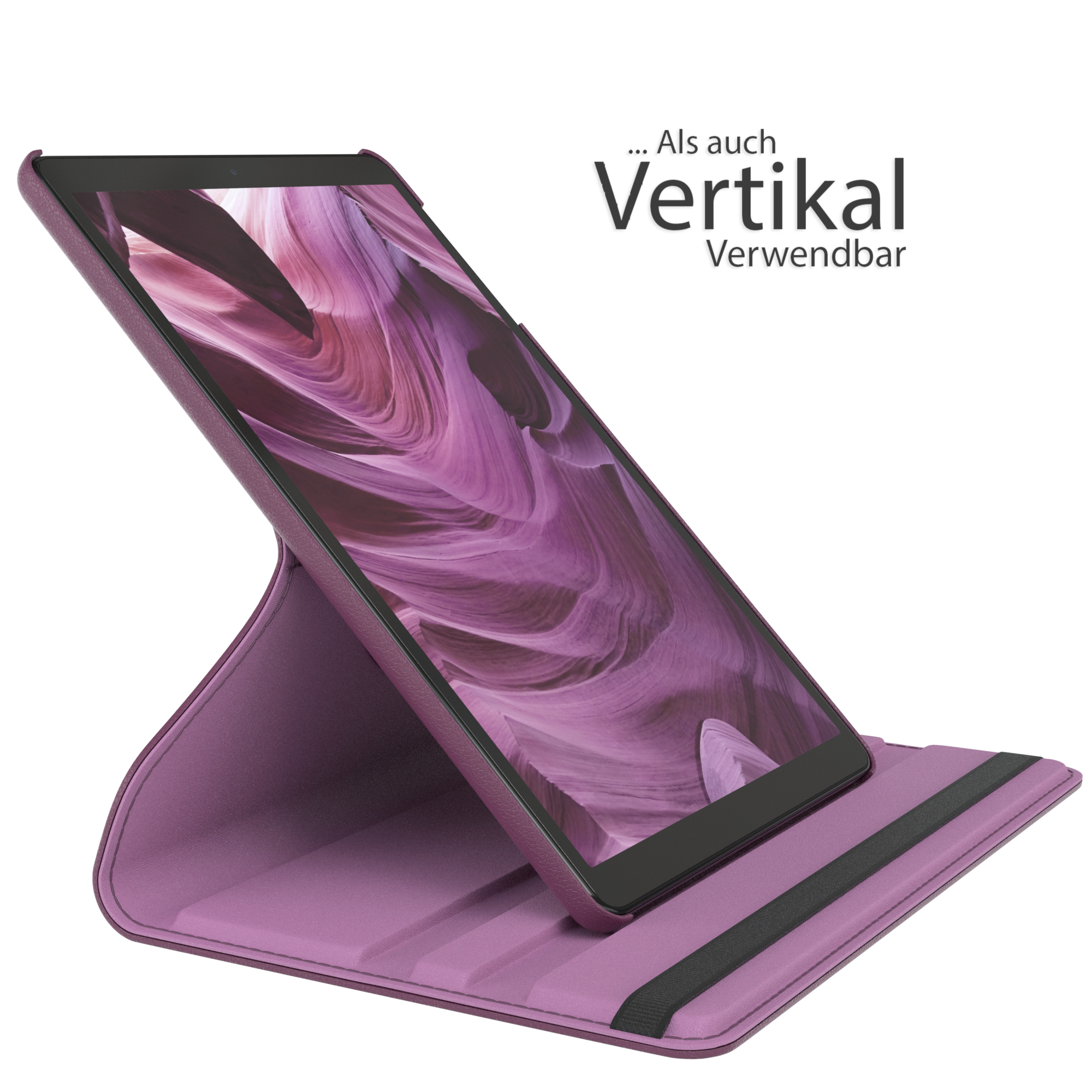 Ein Tablet in einer lila Hülle, nach oben abgewinkelt. Ein Canyon-Hintergrundbild wird auf dem Bildschirm angezeigt.
