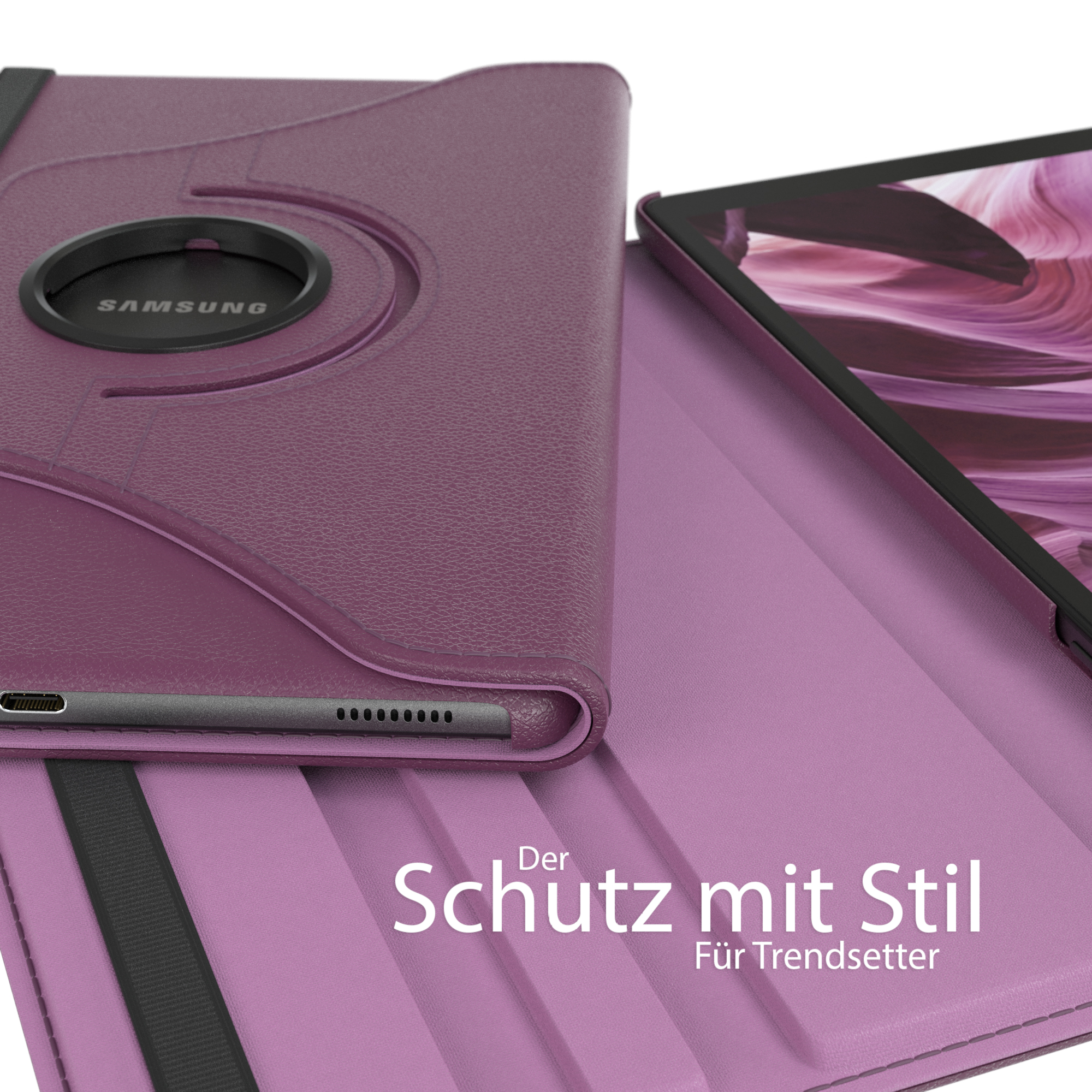 Geöffnete lila Tablet-Hülle mit Tablet und Samsung-Logo sichtbar.