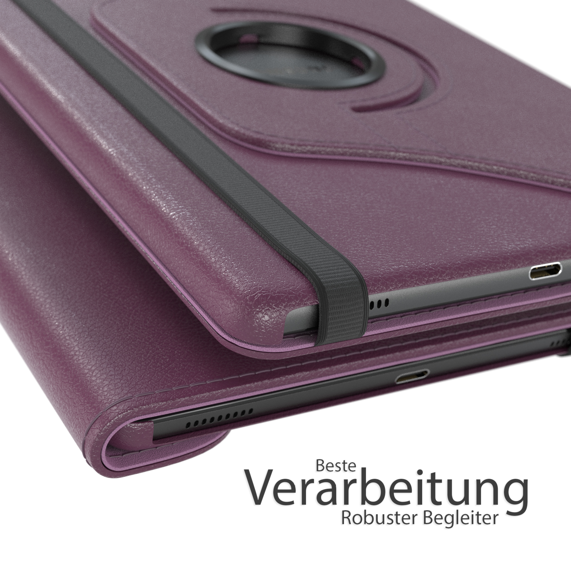 Tablethülle. Lila Tablethülle mit schwarzem Riemen. Weißer Hintergrund.