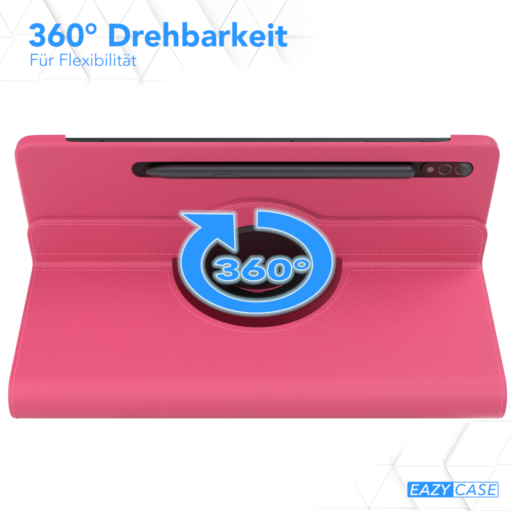 Eine pinkfarbene Tablet-Hülle offen, mit einem Tablet darin. Ein 360-Grad-Drehsymbol wird hervorgehoben.