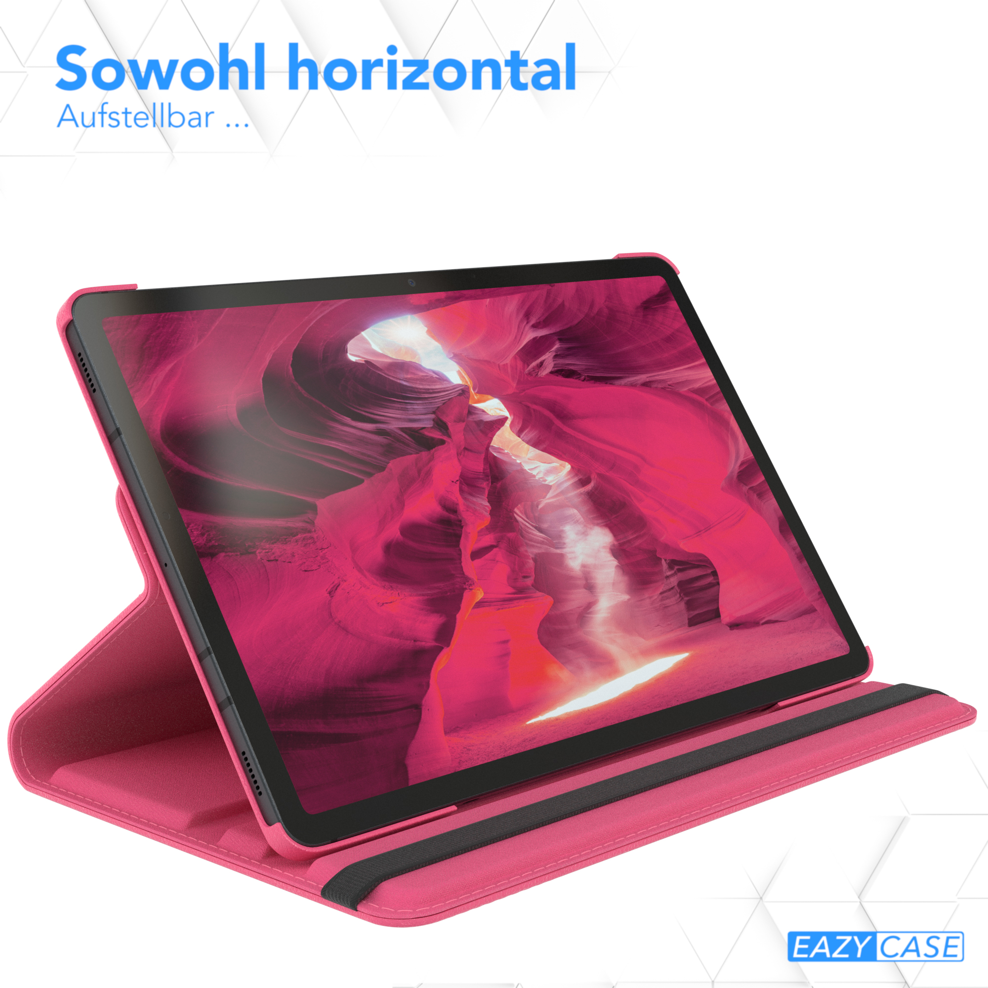 Rosa Tablet-Hülle. Das Tablet ist darin, eine Canyon-Landschaft anzeigend. Die Hülle ist offen und steht aufrecht.