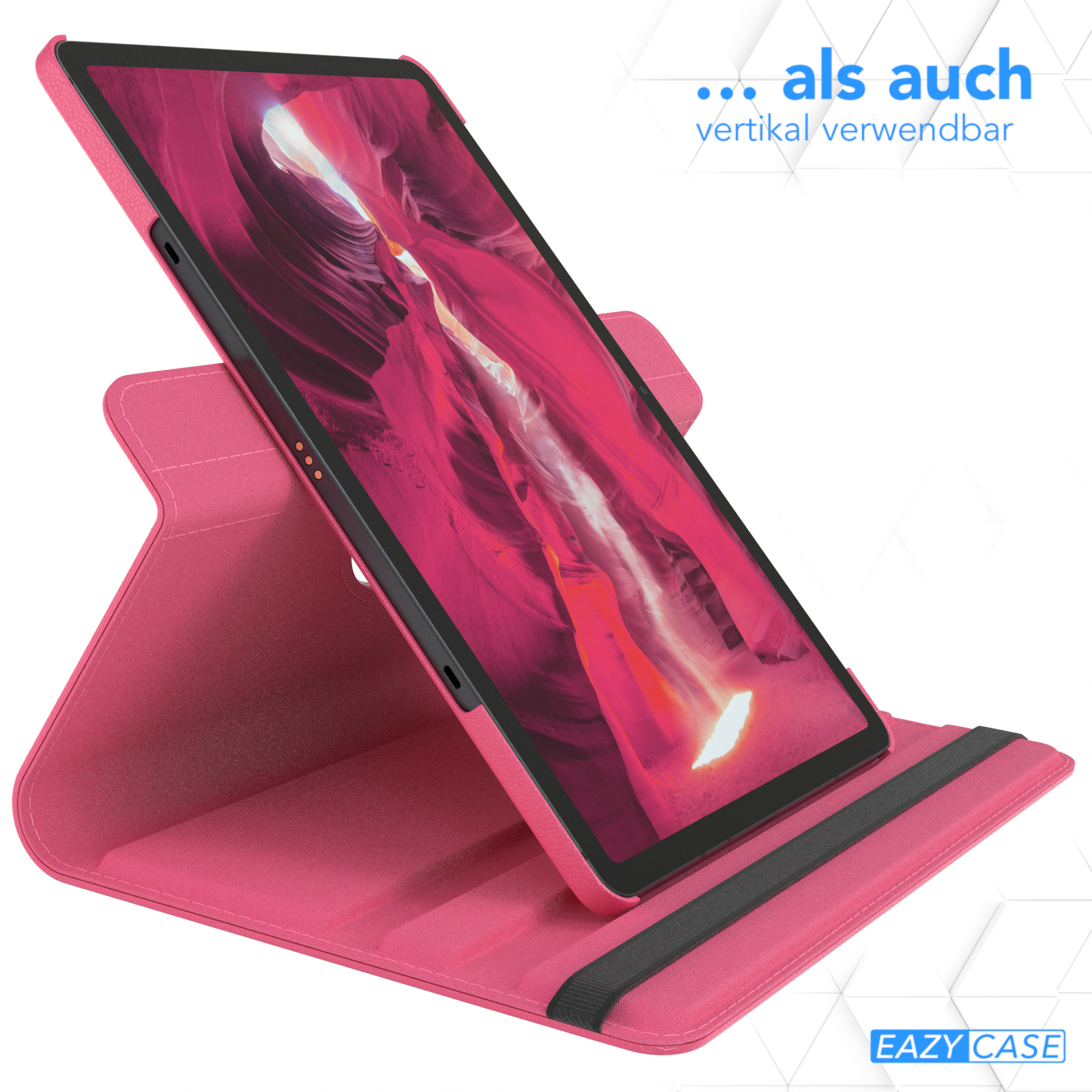 Rosa Tablet in rosa Hülle, geneigt. Text: '...als auch vertikal verwendbar'.