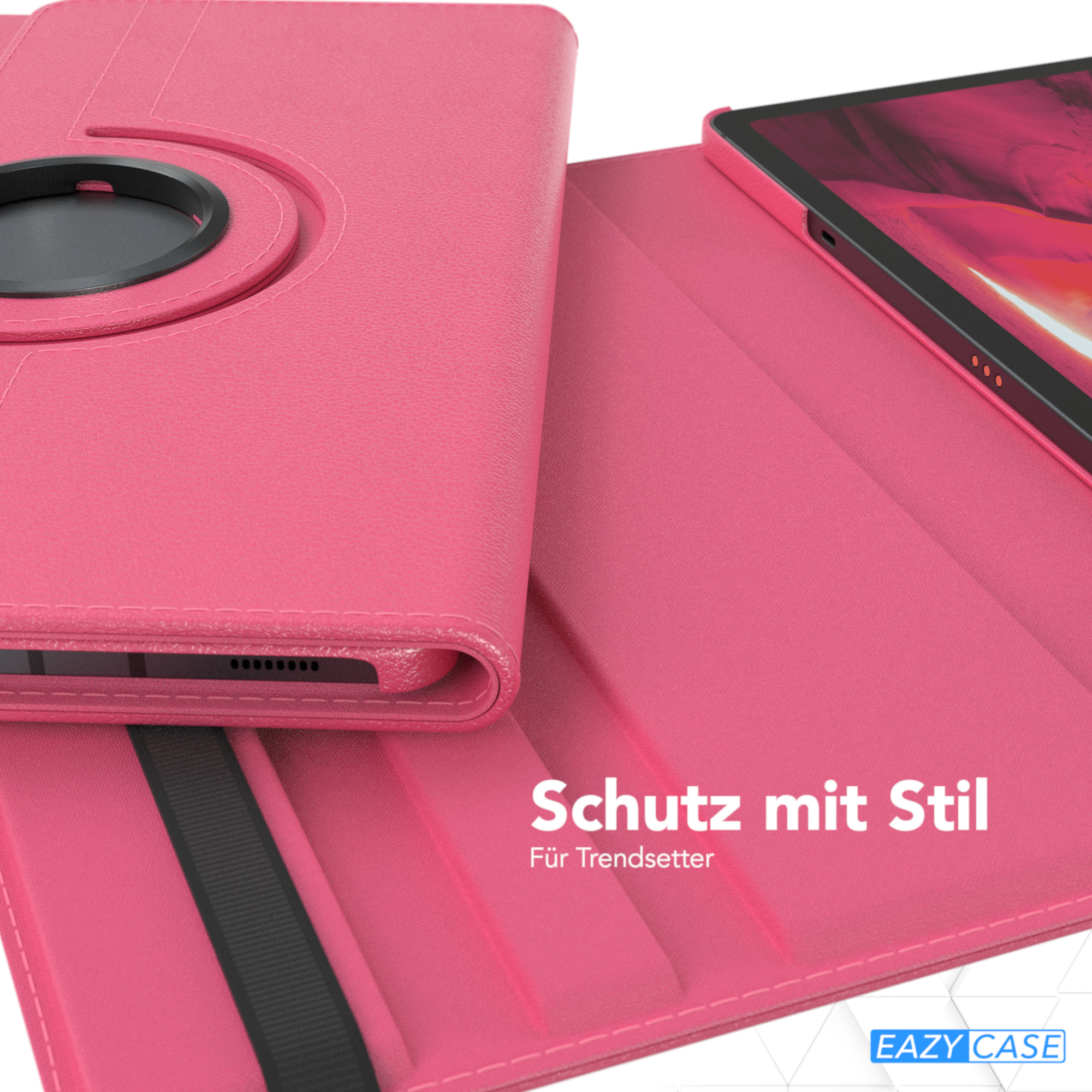 Rosafarbene Tablethülle, geöffnet mit Tablet darin.