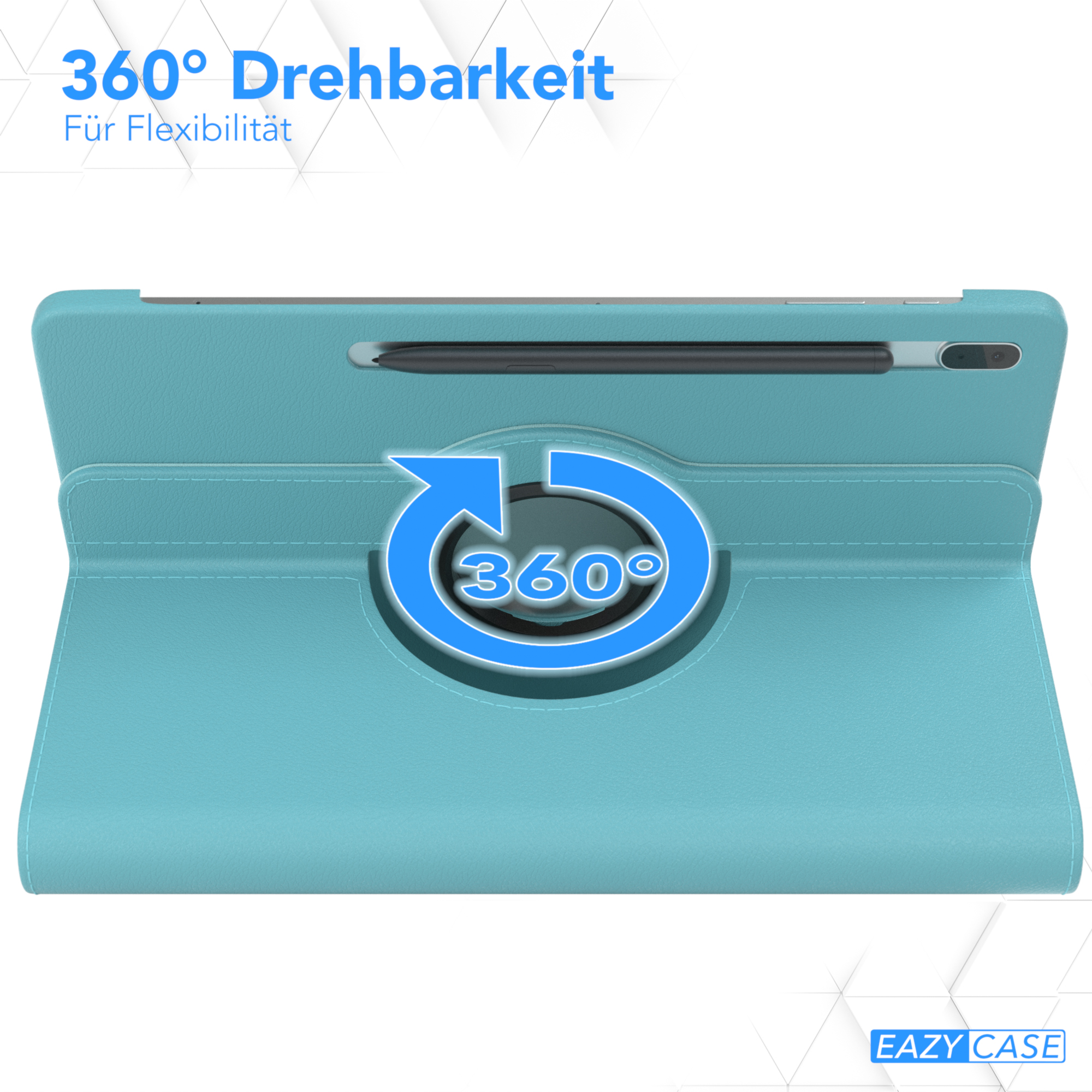 Eine türkis Tablethülle offen, zeigt die 360° Drehfunktion. Tablet und Stift sind im Inneren.