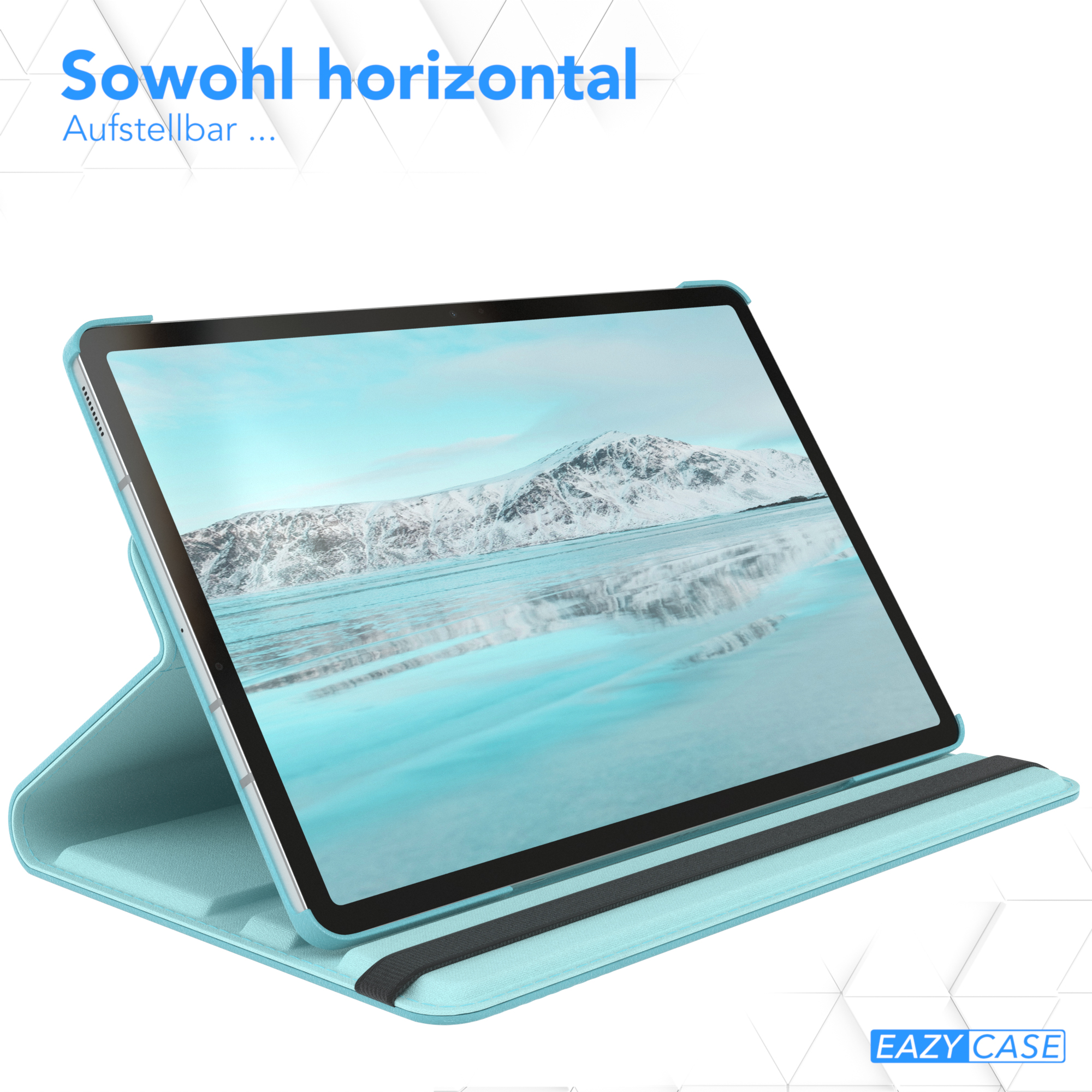 Ein Tablet in einer hellblauen Hülle liegt teilweise geöffnet auf einer weißen Oberfläche, mit schwarzem Riemen.