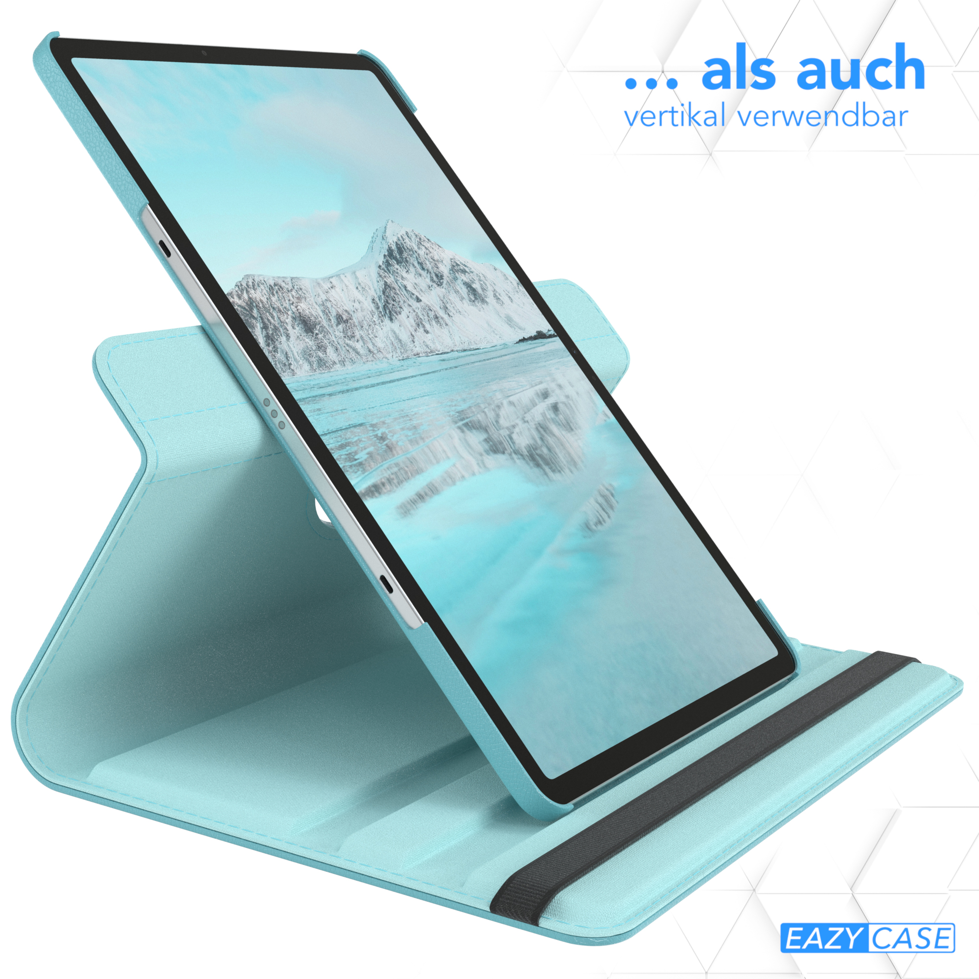 Tablet in einer Hülle, vertikal stehend. Die Hülle ist hellblau. Oben steht: ... als auch vertikal.