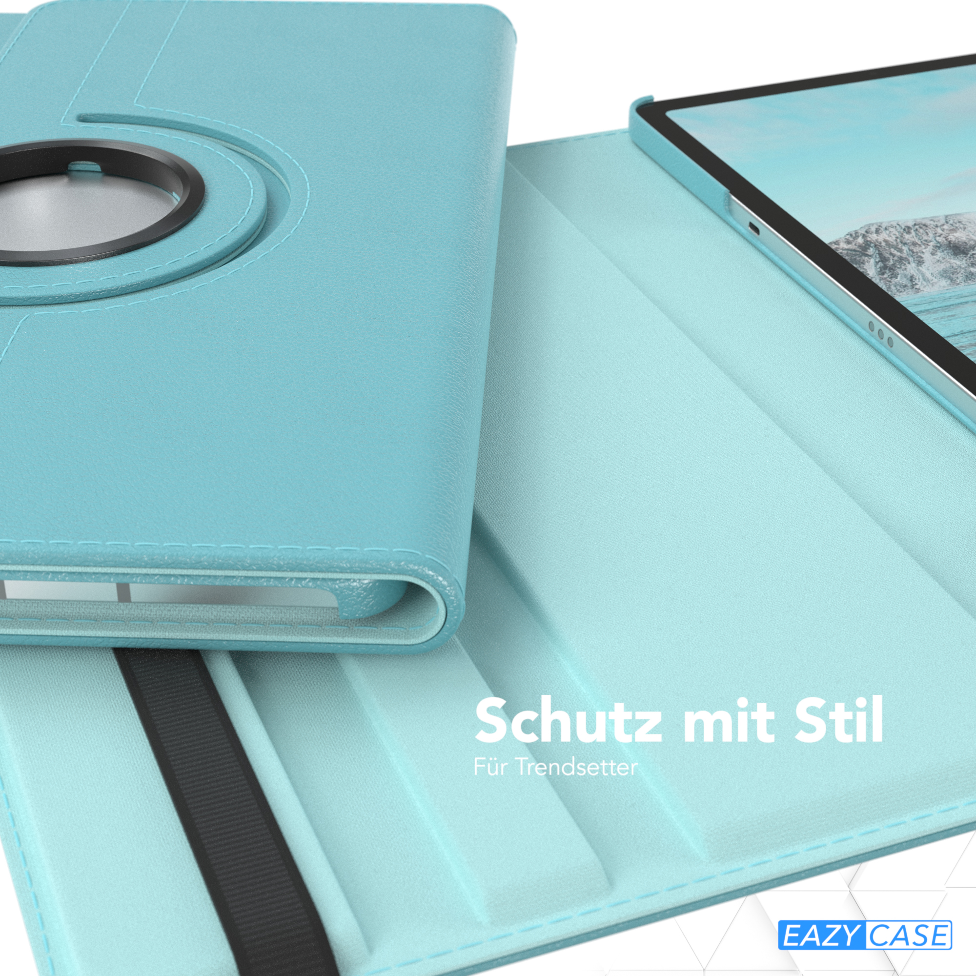 Tablet in blauem Etui. Text auf dem Etui lautet Schutz mit Stil, für Trendsetter.