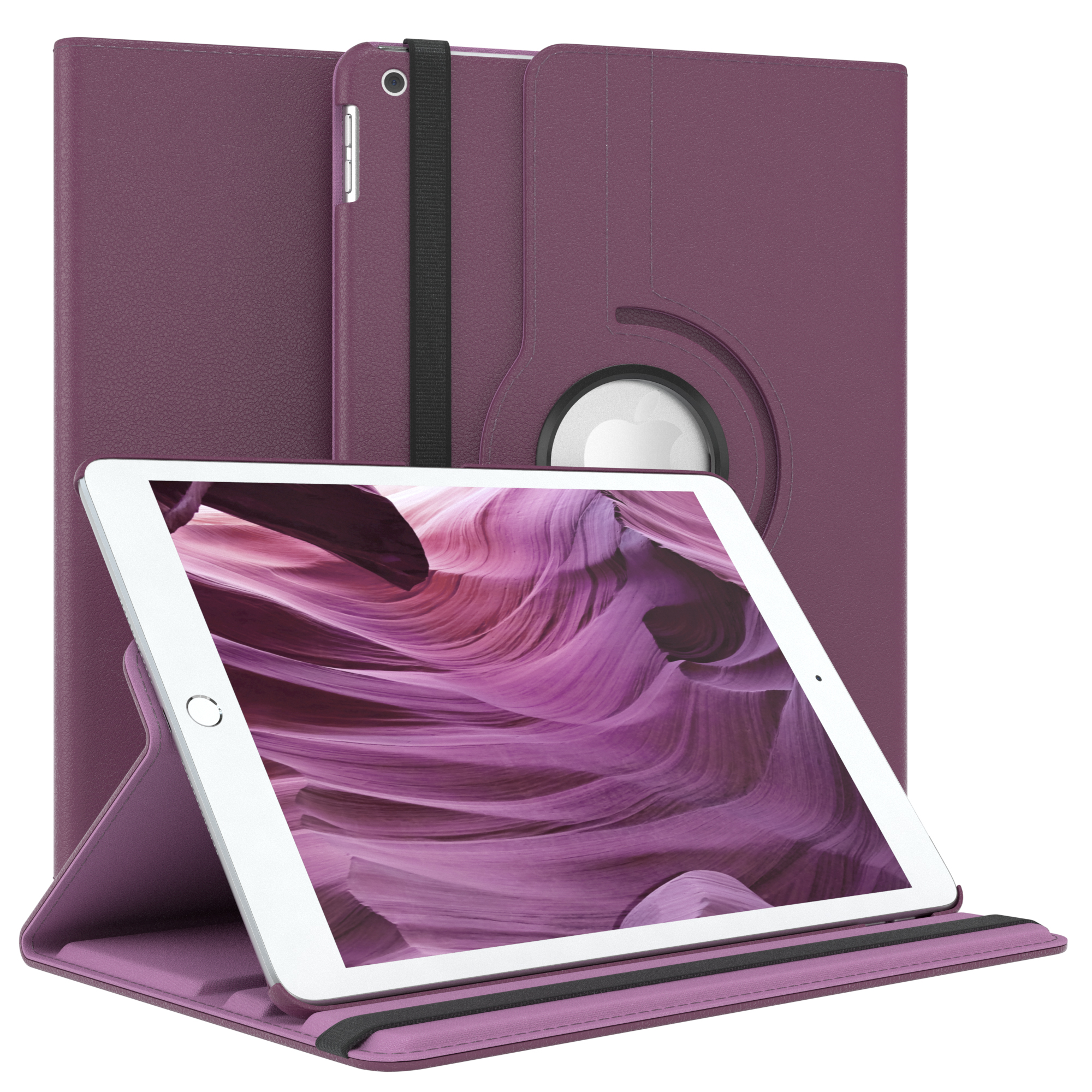 Ein Tablet in einer lila Hülle, geöffnet, mit dem Bildschirm nach vorne. Eine weitere Hülle ist hinten sichtbar.