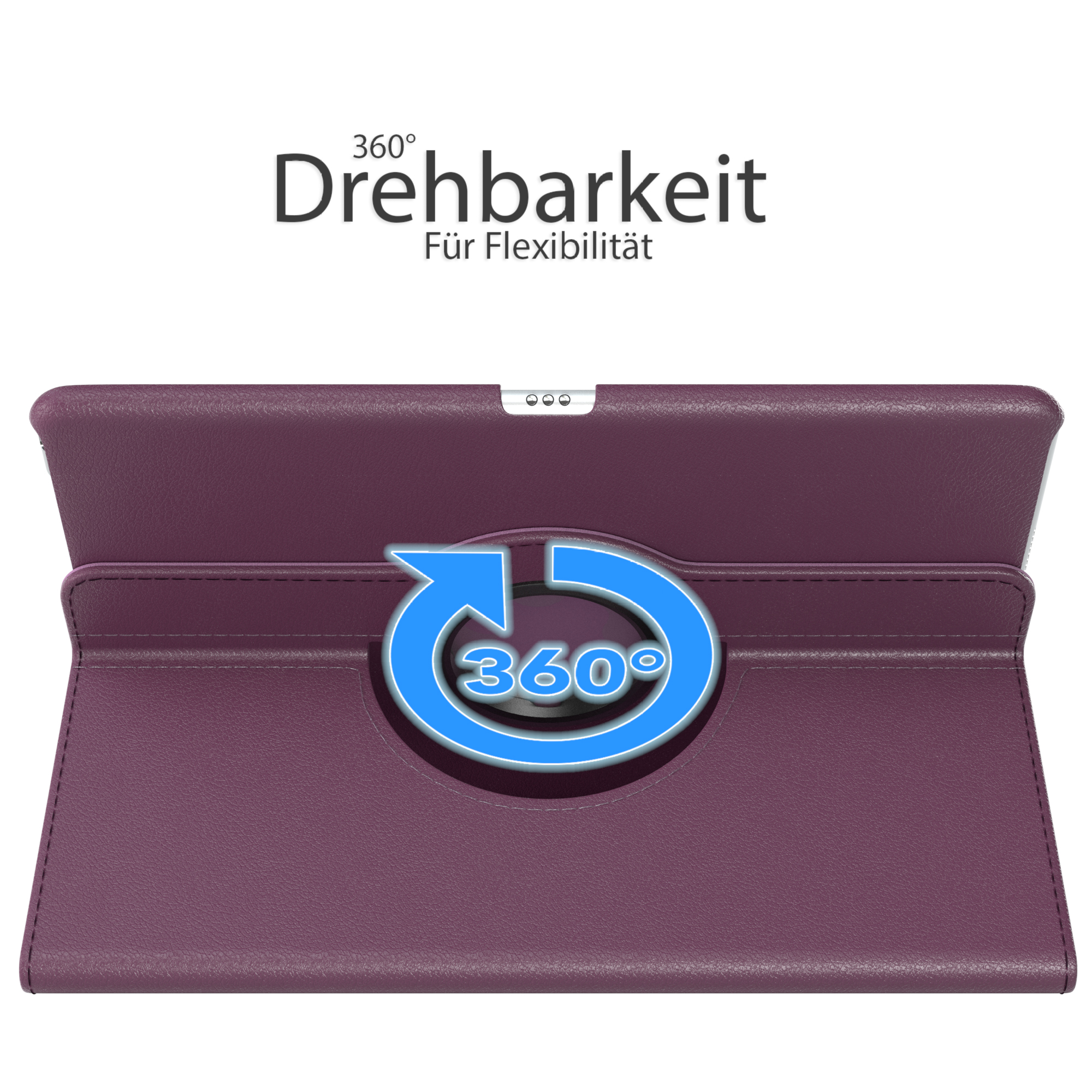 Lila Tablethülle mit 360-Grad-Drehung.