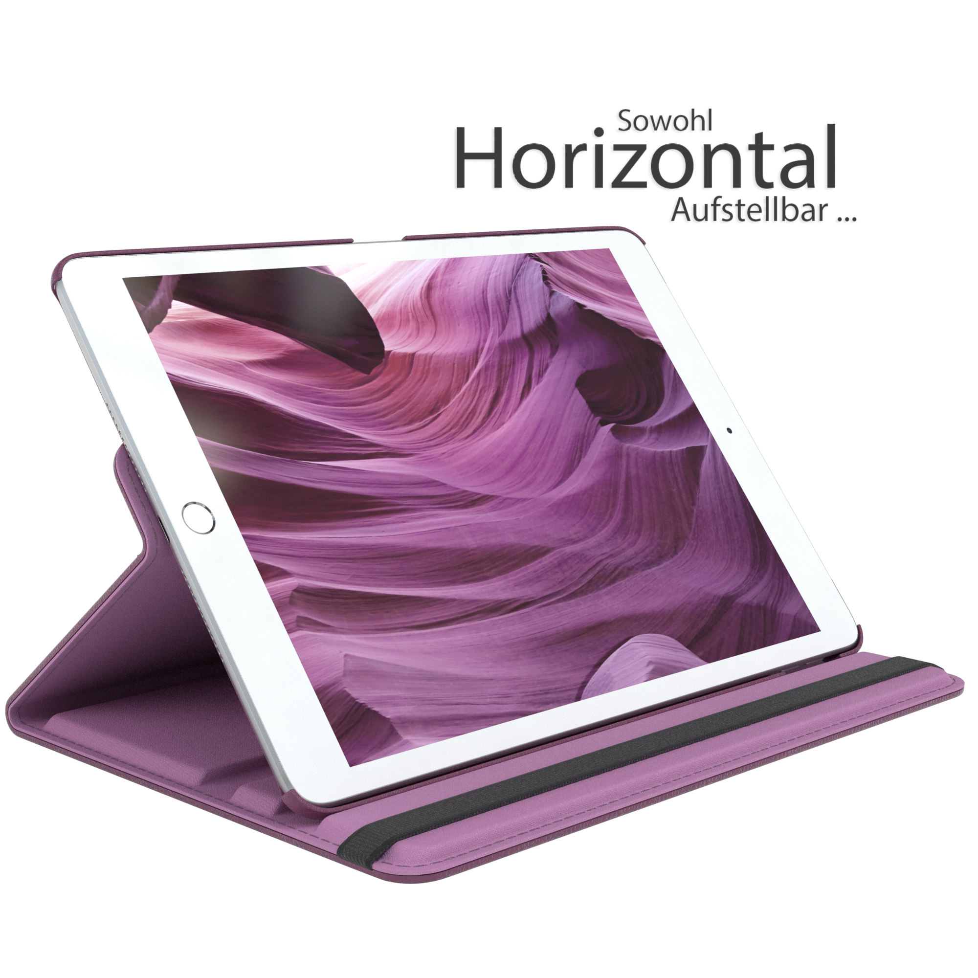 Ein lila Tablethülle, geöffnet und ein Tablet stützend. Text: Horizontal.