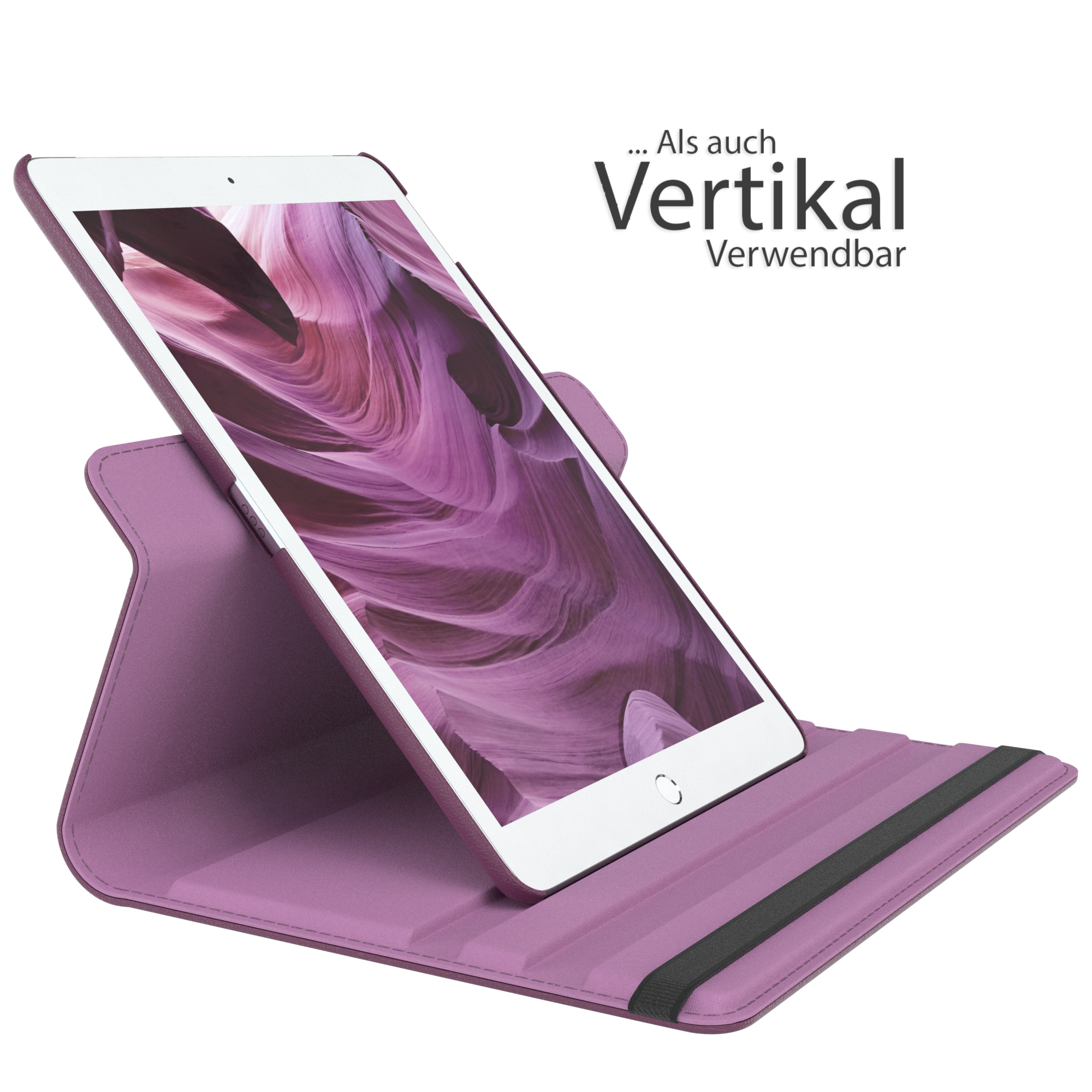 Lila Tablethülle mit einem Tablet darin, vertikal und horizontal gezeigt.