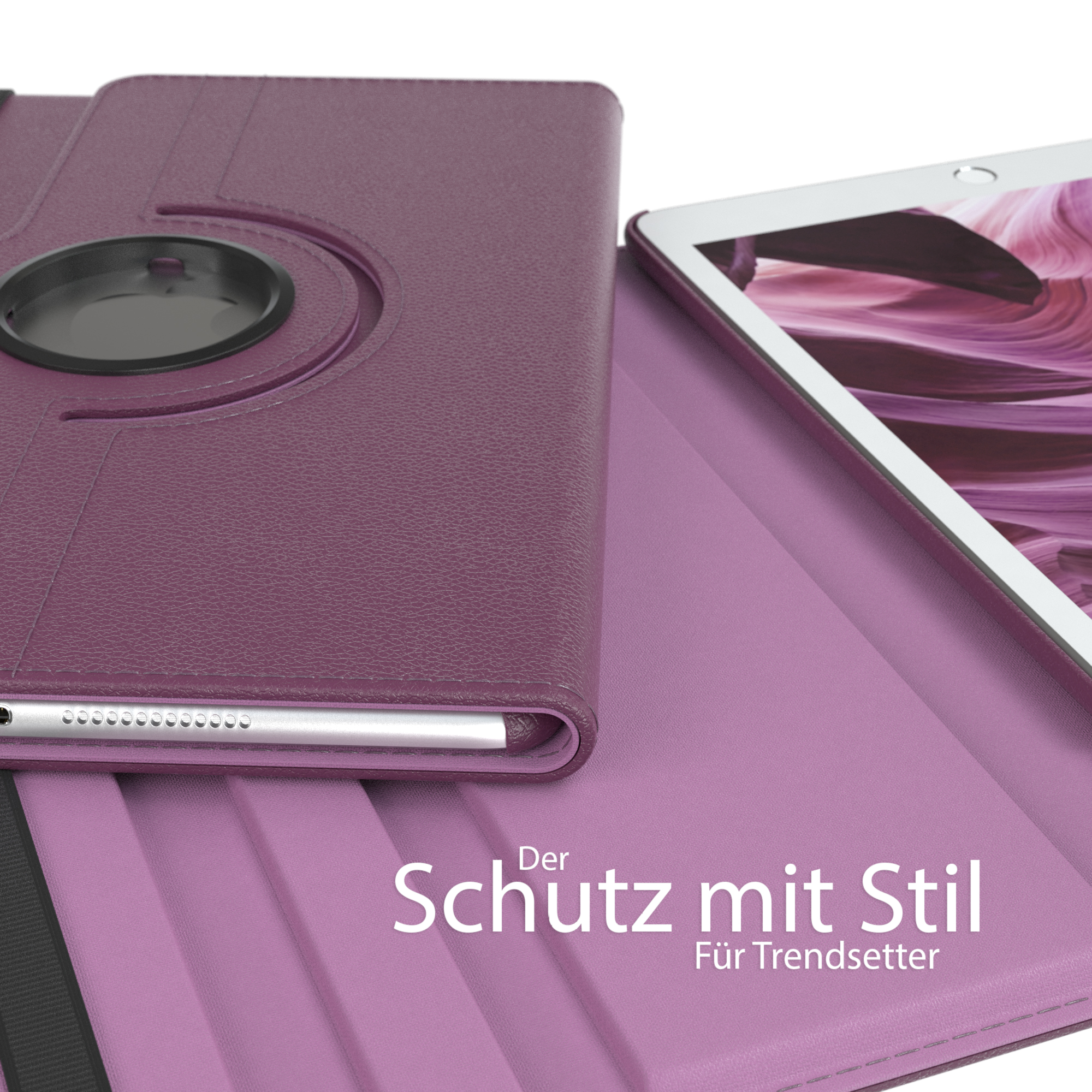 Lila Tablet-Hülle geöffnet, mit Tablet darin. Hülle hat ein Drehelement.