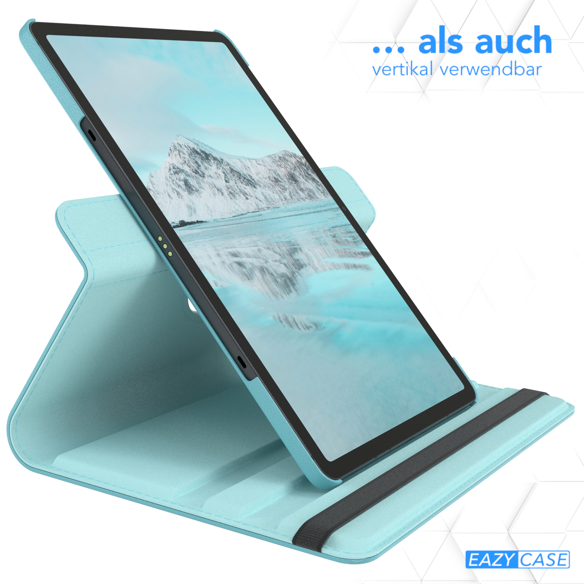 Ein blaues Tablet in einer blauen Hülle ist aufgestellt. Die Hülle ist geöffnet und zeigt den Bildschirm des Tablets.