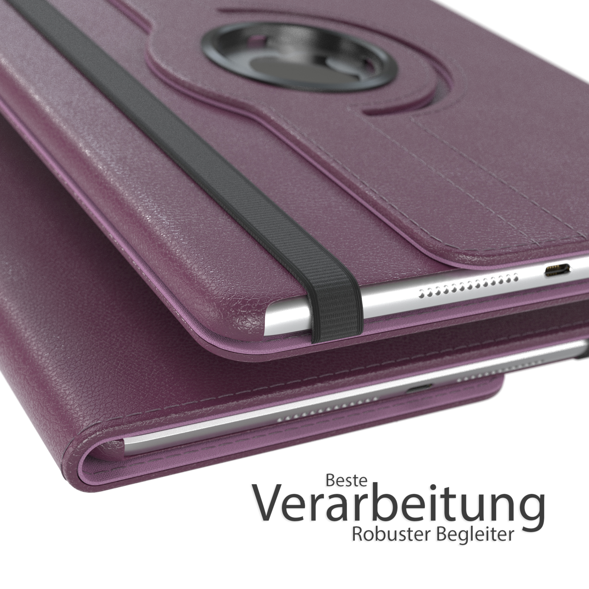 Nahaufnahme einer lila Tablet-Hülle; schwarzer Riemen oben.