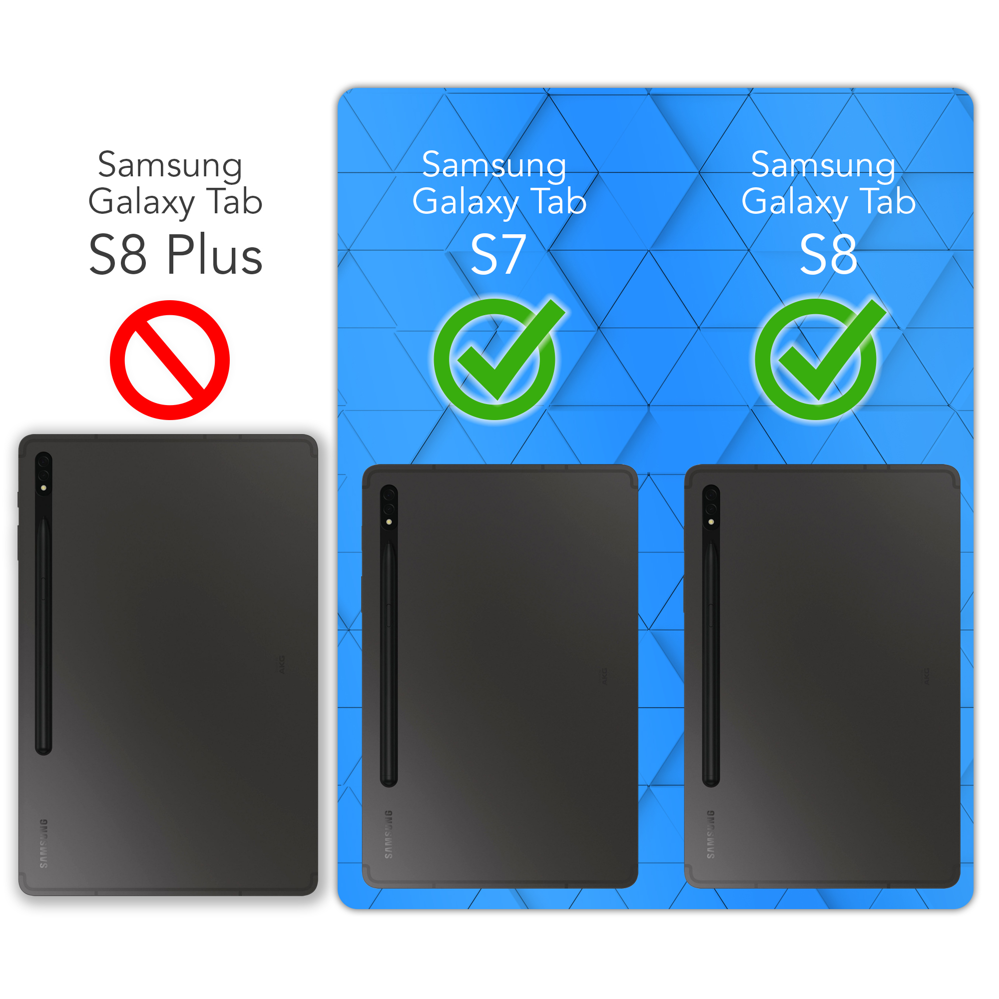 Tablets: Samsung Galaxy Tab S7 und S8 sind kompatibel, S8 Plus nicht. Haken und roter Kreis.