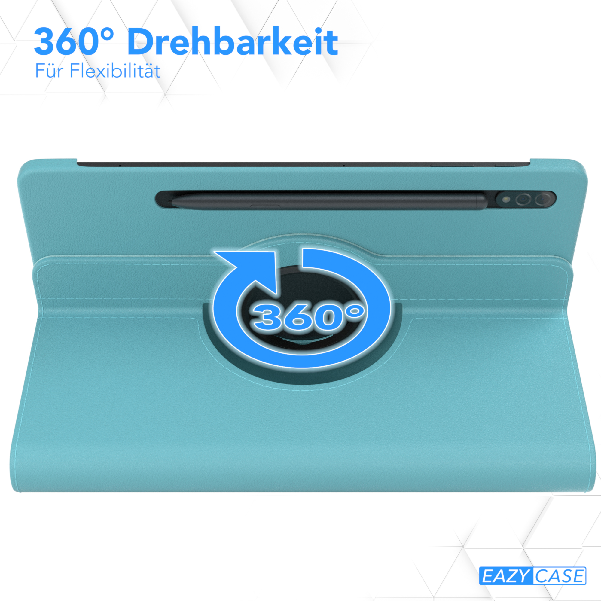 Blaue Tablethülle mit Tablet. Die Hülle hat eine 360-Grad-Drehung. Der Text lautet Eazy Case.