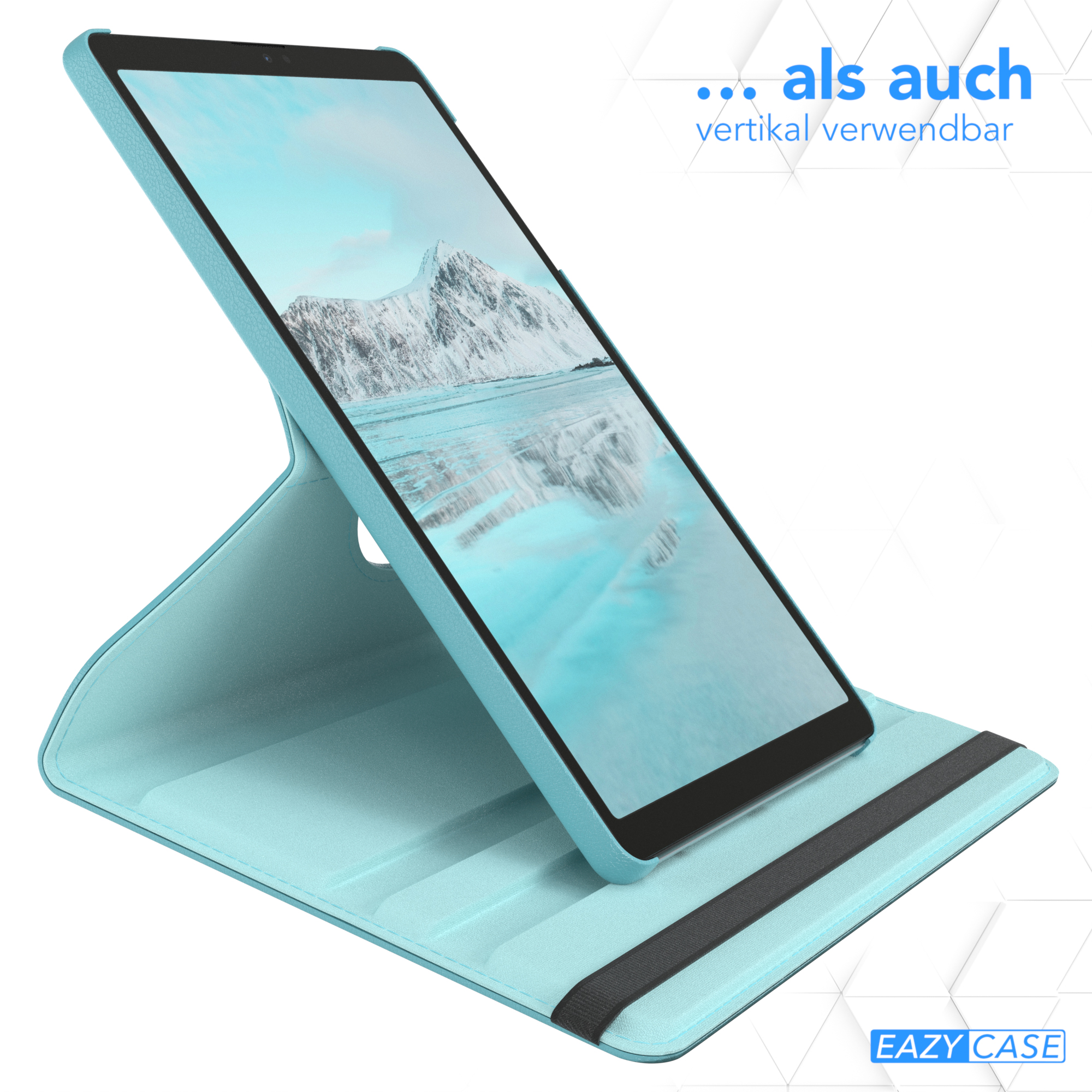 Blaues Tablet in blauem Ständer, zeigt eine Bergszene, mit Text: ...als auch vertikal verwendbar.