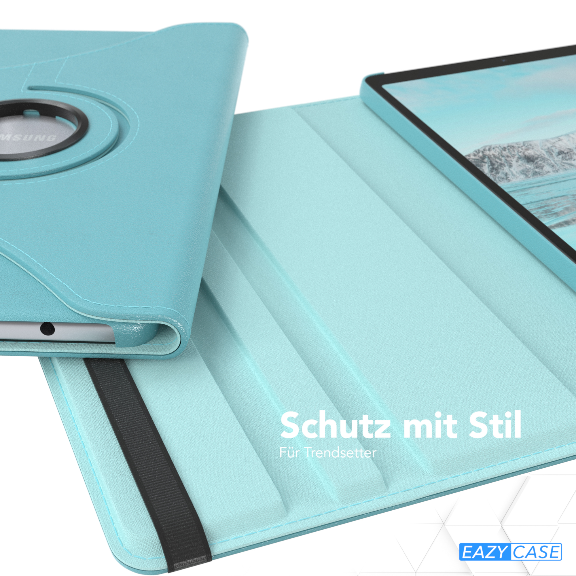 Ein Tablet in einem blauen Gehäuse, geöffnet, um den Bildschirm anzuzeigen. Text: Schutz mit Stil, Logo.