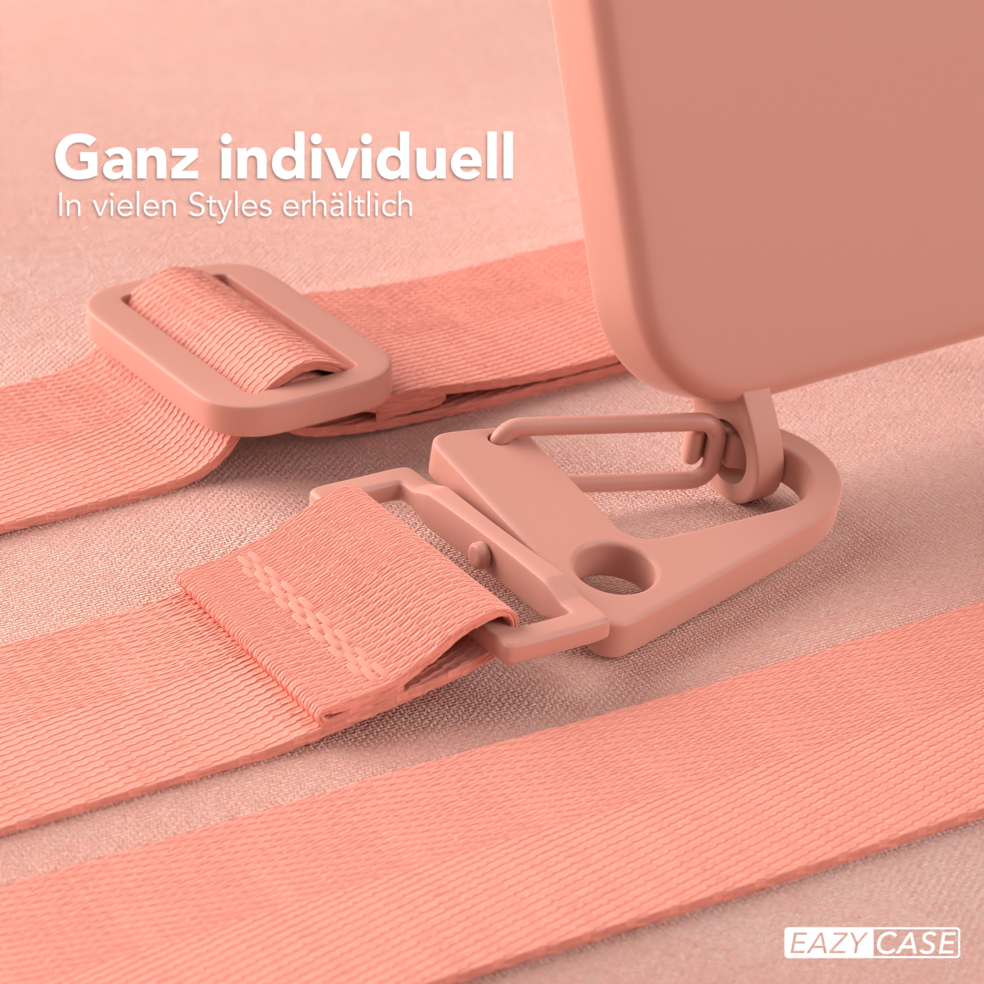 Nahaufnahme einer pinkfarbenen Handyhülle mit Gurtbefestigung. Die Gurte sind pink.